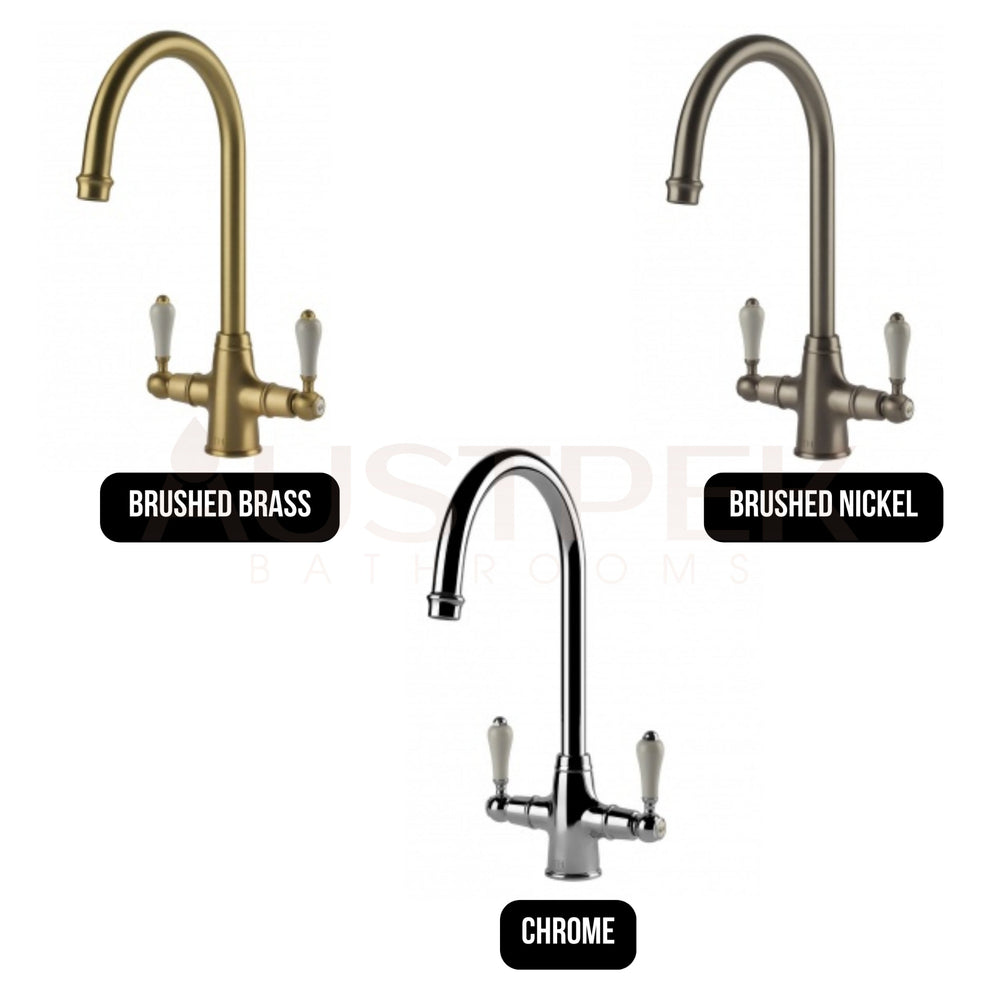 TURNER HASTINGS LUDLOW DOUBLE SINK MIXER TAP 355MM BRUSHED NICKEL (CERAMIC HANDLE)