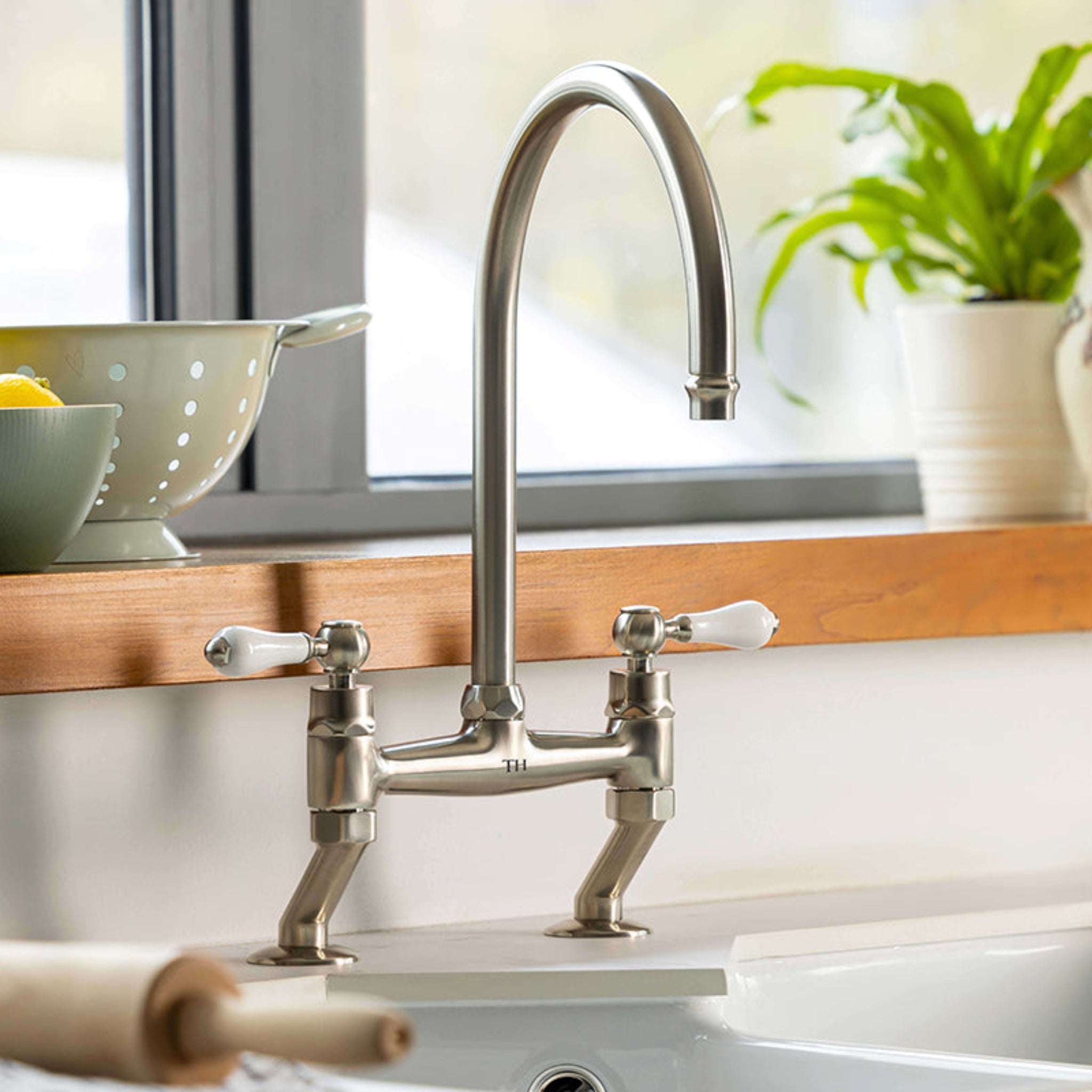 TURNER HASTINGS LUDLOW BRIDGE SINK MIXER TAP 400MM BRUSHED NICKEL (CERAMIC HANDLE)