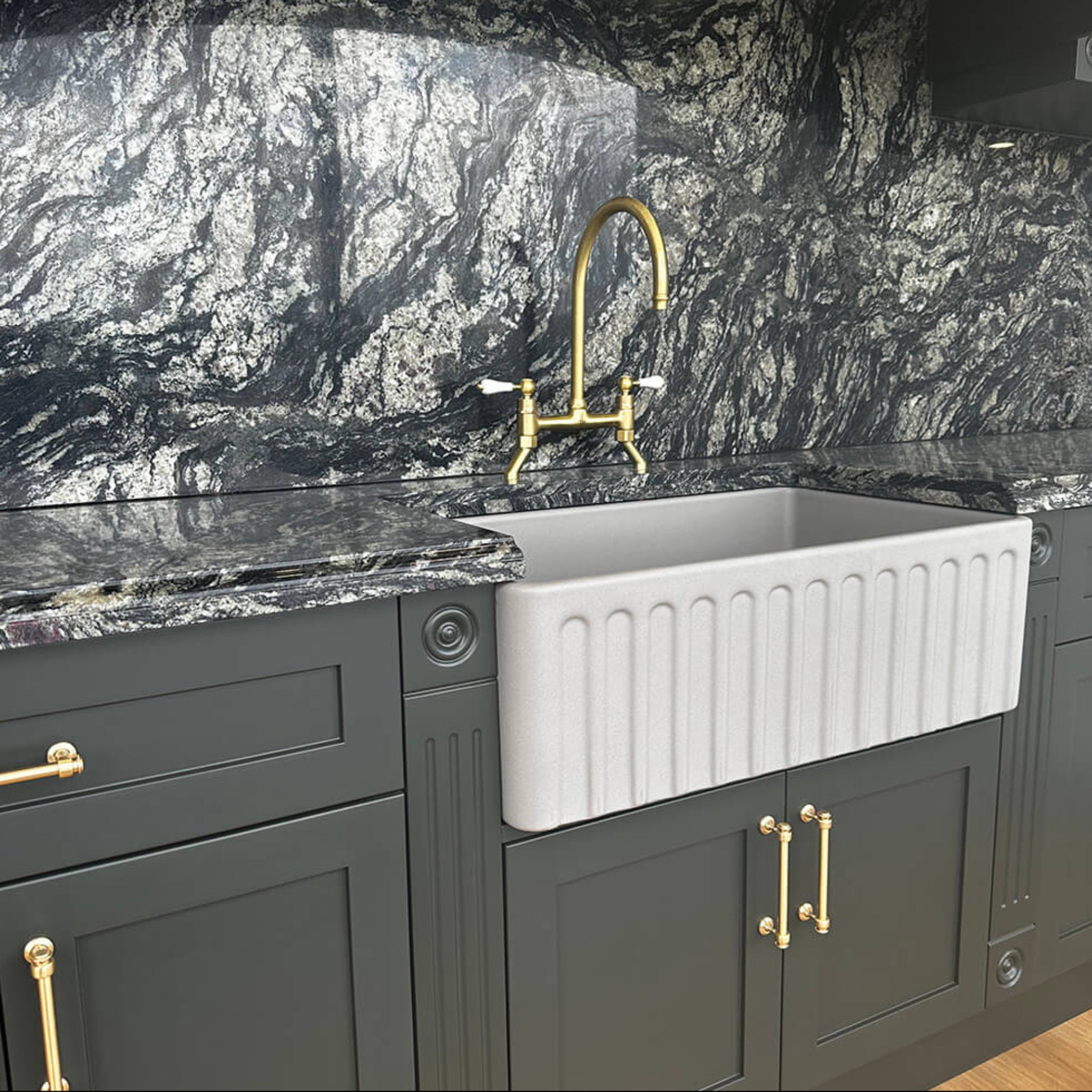 TURNER HASTINGS LUDLOW BRIDGE SINK MIXER TAP 400MM BRUSHED BRASS (CERAMIC HANDLE)