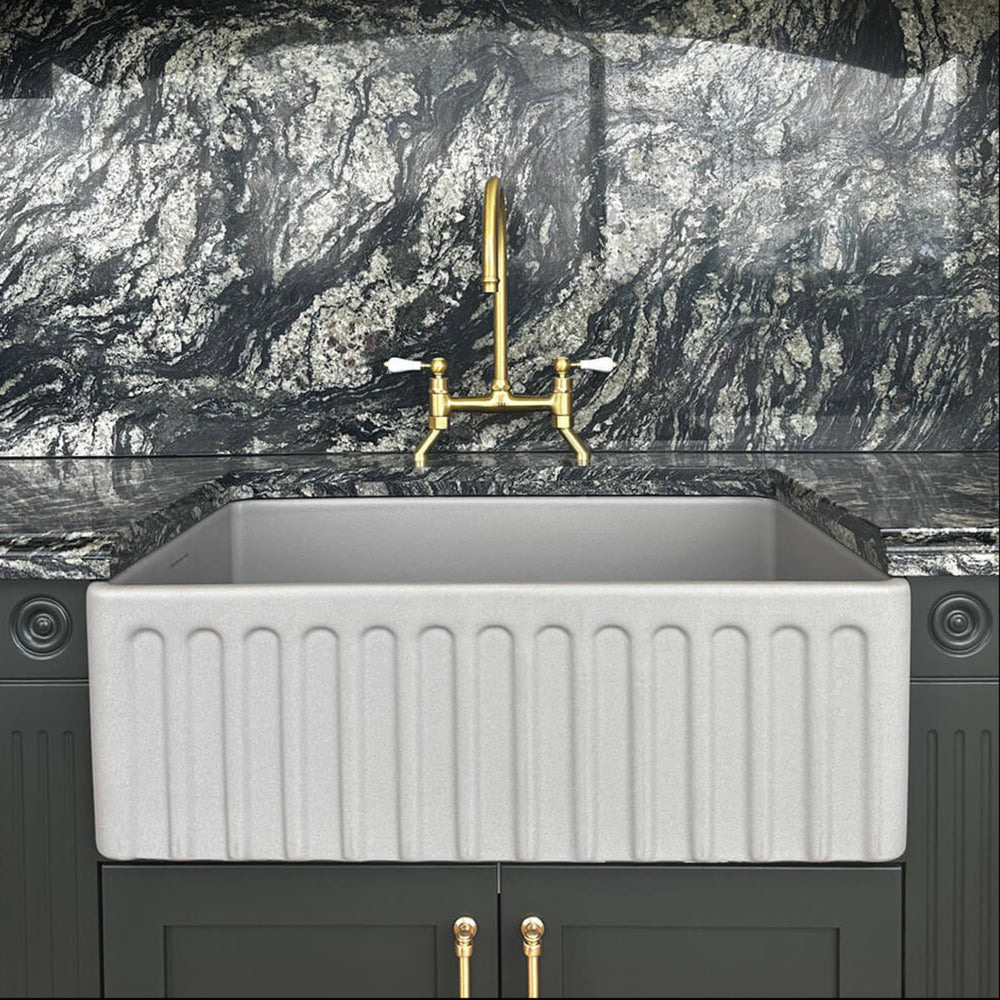 TURNER HASTINGS LUDLOW BRIDGE SINK MIXER TAP 400MM BRUSHED BRASS (CERAMIC HANDLE)