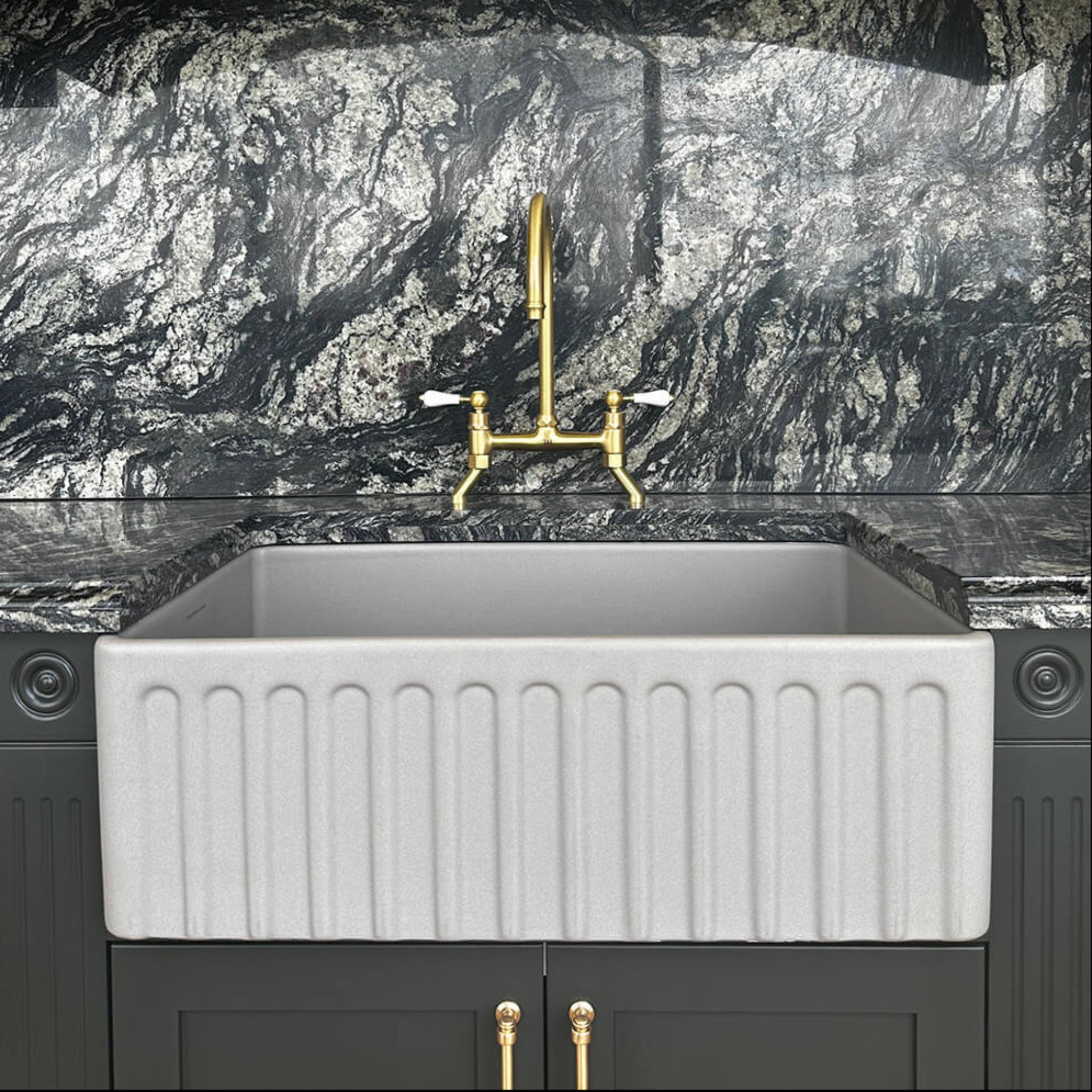 TURNER HASTINGS LUDLOW BRIDGE SINK MIXER TAP 400MM BRUSHED BRASS (CERAMIC HANDLE)