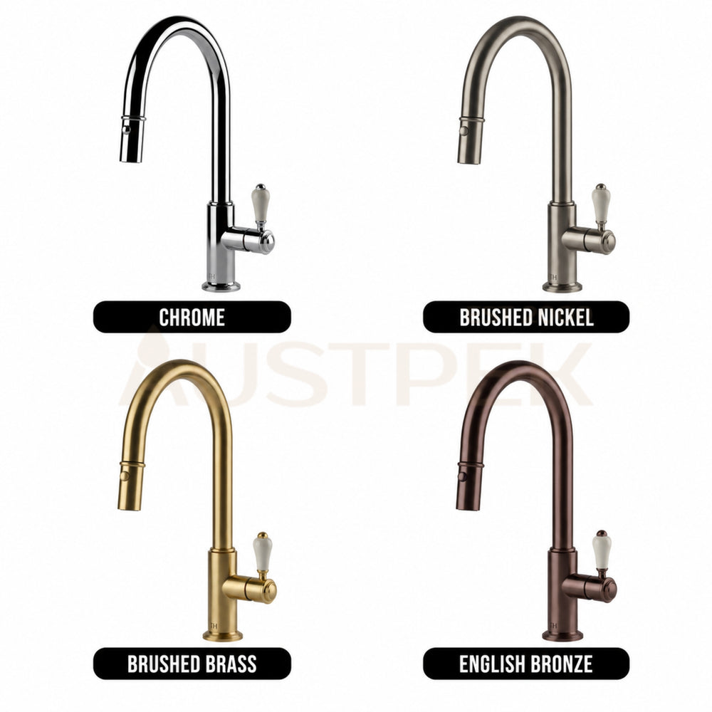 TURNER HASTINGS LUDLOW PULL OUT SINK MIXER WITH WHITE LEVER HANDLE 418MM ENGLISH BRONZE