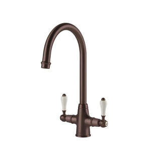 TURNER HASTINGS LUDLOW DOUBLE SINK MIXER TAP 355MM ENGLISH BRONZE (CERAMIC HANDLE)