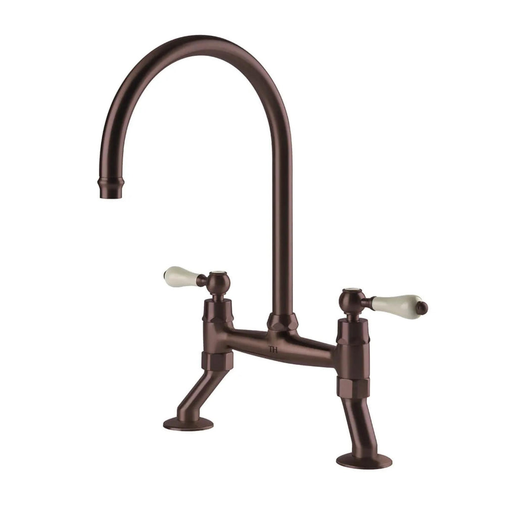 TURNER HASTINGS LUDLOW BRIDGE MIXER TAP WITH WHITE LEVER HANDLE 400MM ENGLISH BRONZE