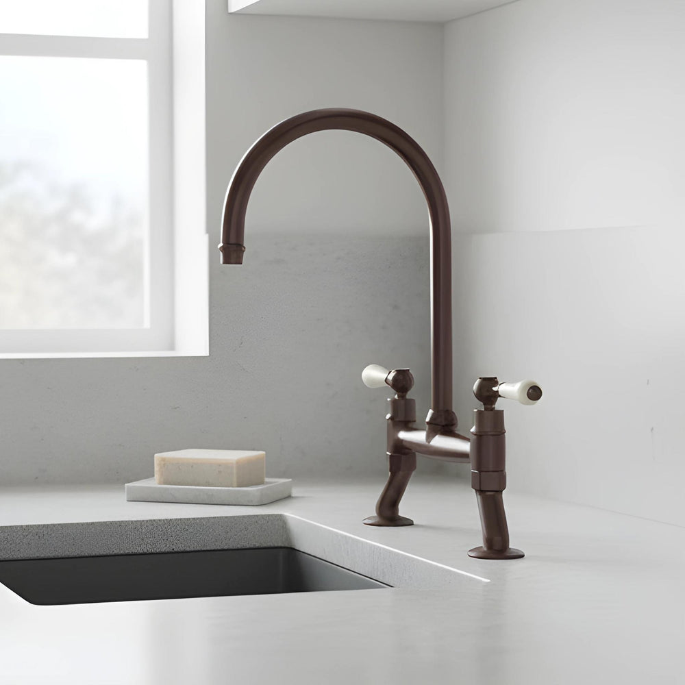 TURNER HASTINGS LUDLOW BRIDGE MIXER TAP WITH WHITE LEVER HANDLE 400MM ENGLISH BRONZE
