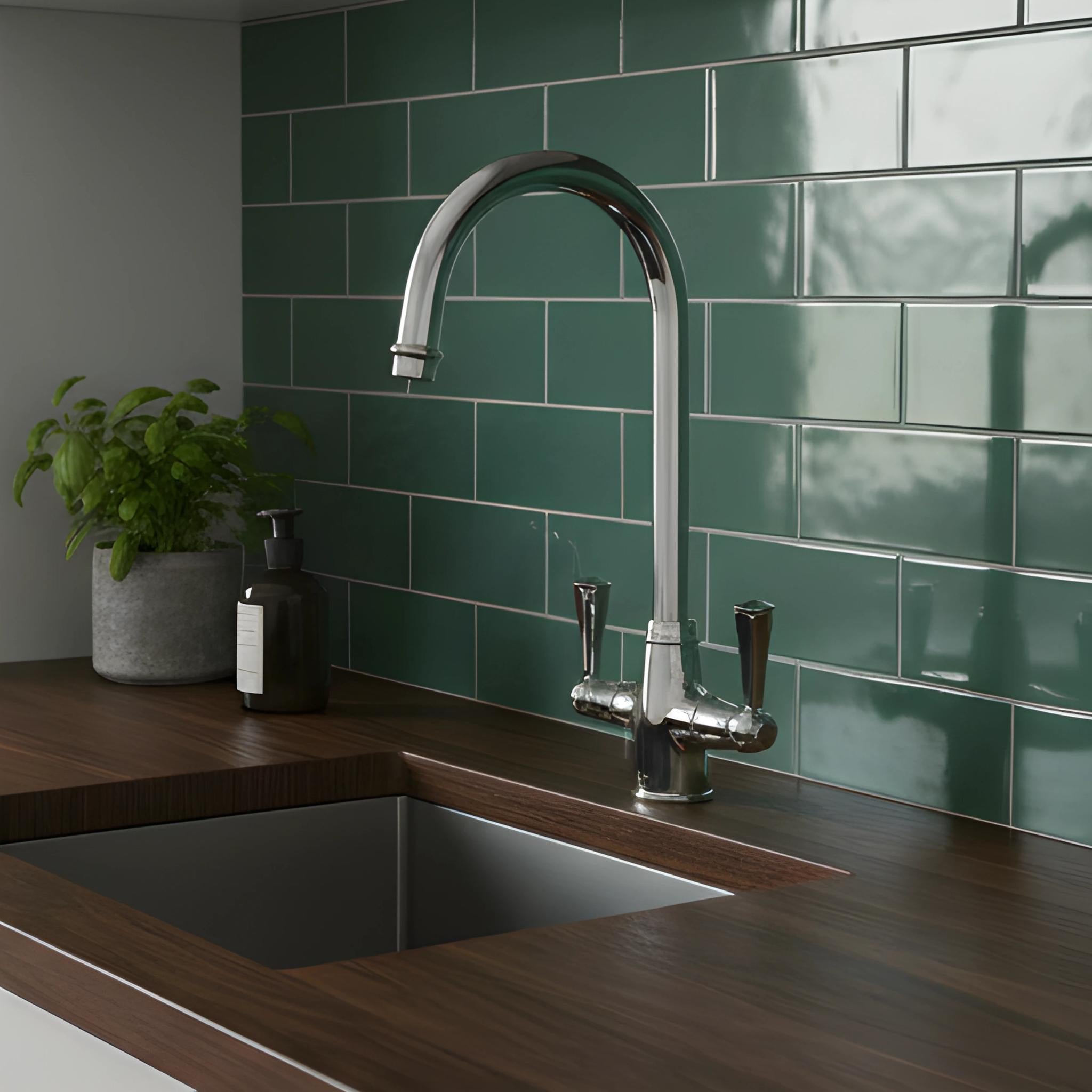 TURNER HASTINGS LUDLOW DOUBLE SINK MIXER TAP 355MM CHROME (METAL HANDLE)