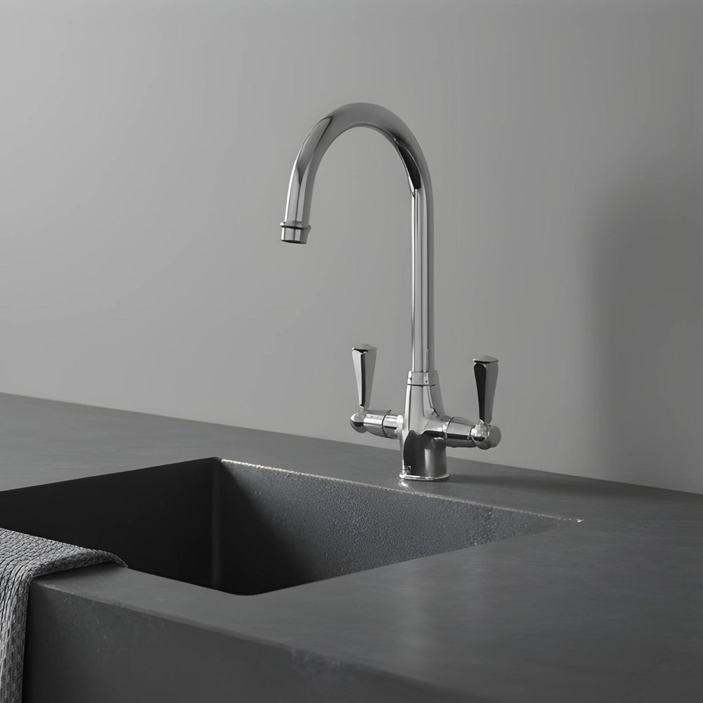 TURNER HASTINGS LUDLOW DOUBLE SINK MIXER TAP 355MM CHROME (METAL HANDLE)
