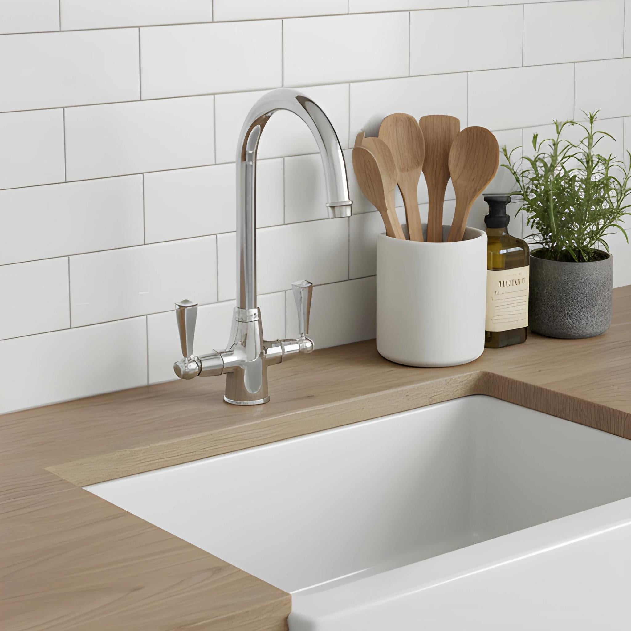 TURNER HASTINGS LUDLOW DOUBLE SINK MIXER TAP 355MM CHROME (METAL HANDLE)