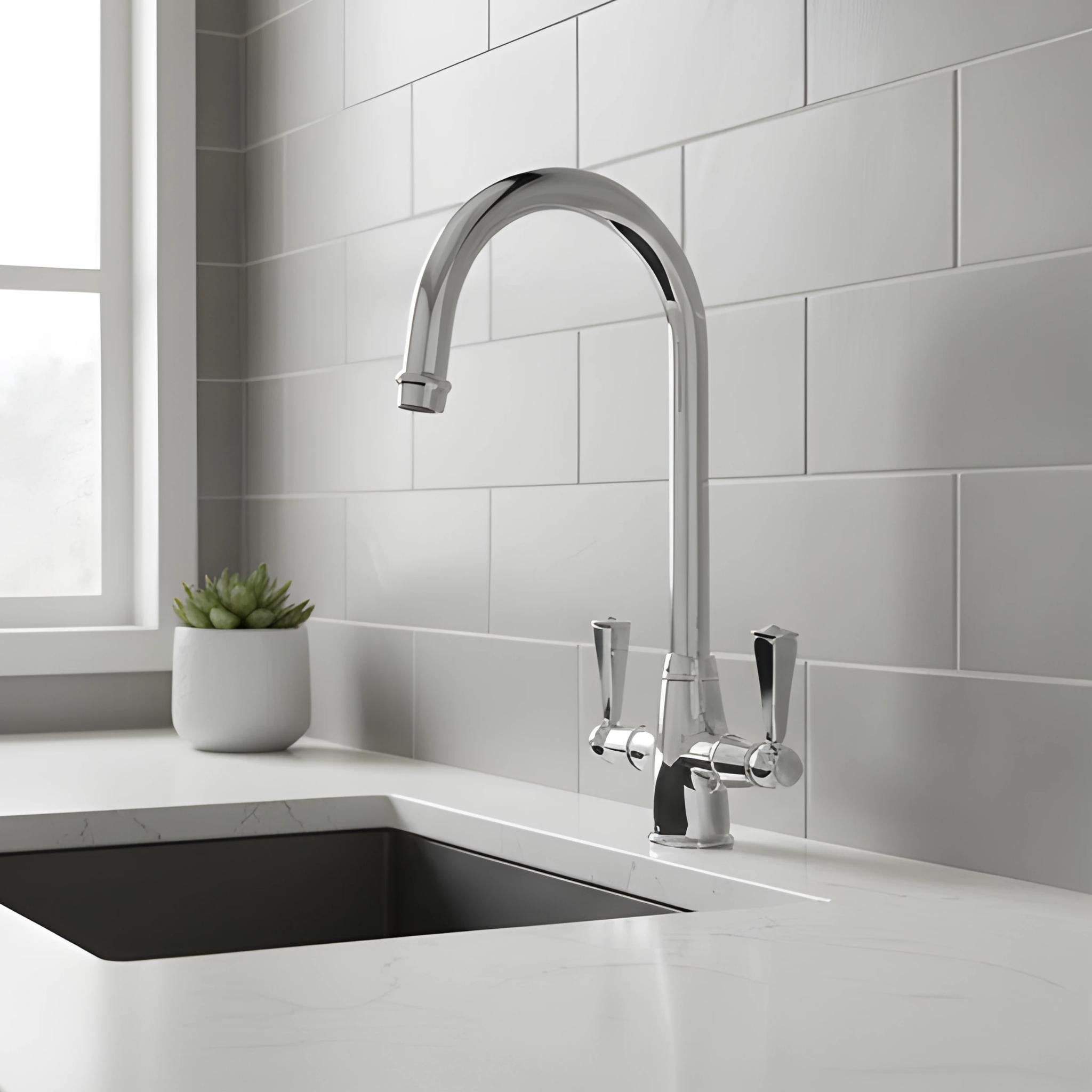 TURNER HASTINGS LUDLOW DOUBLE SINK MIXER TAP 355MM CHROME (METAL HANDLE)