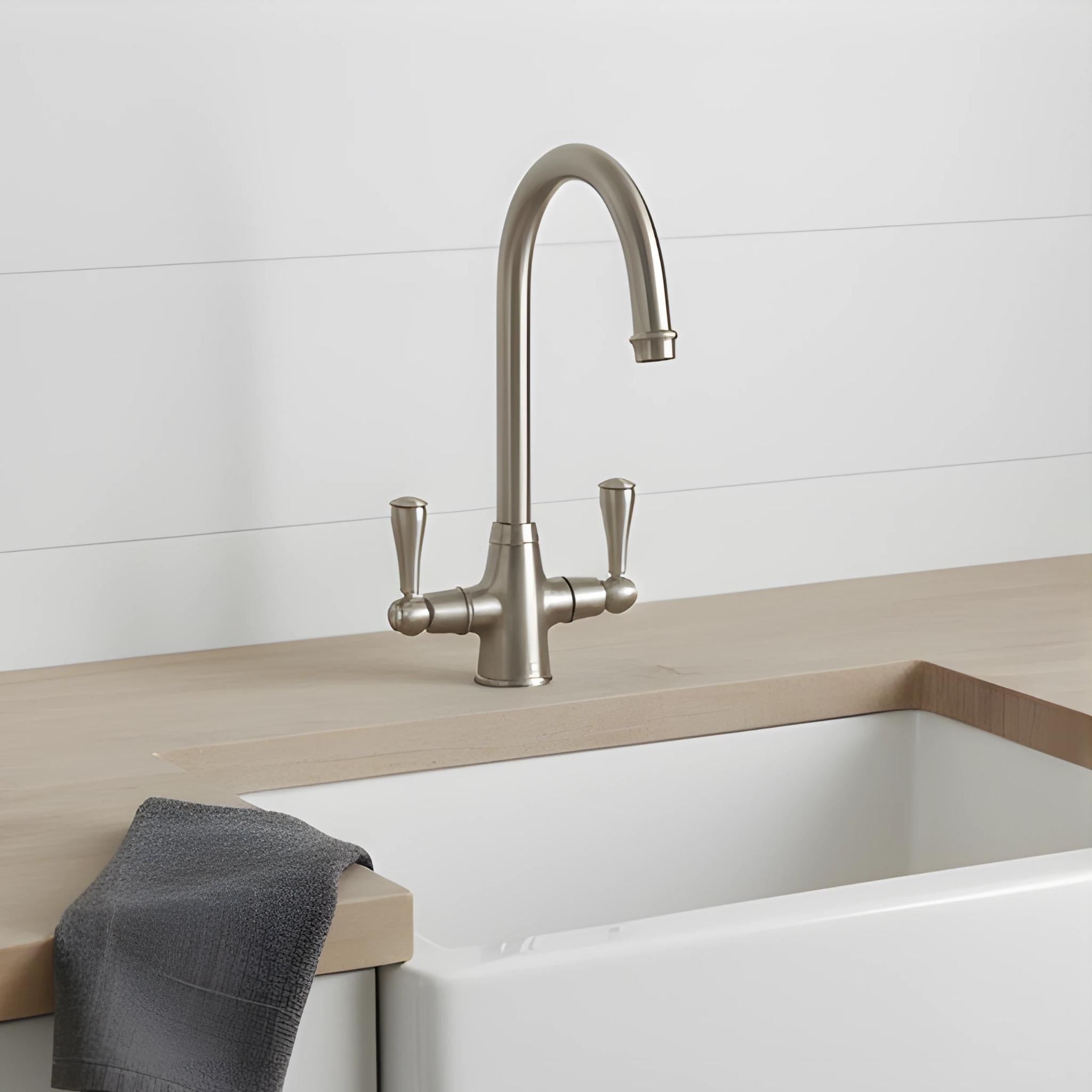 TURNER HASTINGS LUDLOW DOUBLE SINK MIXER TAP 355MM BRUSHED NICKEL (METAL HANDLE)