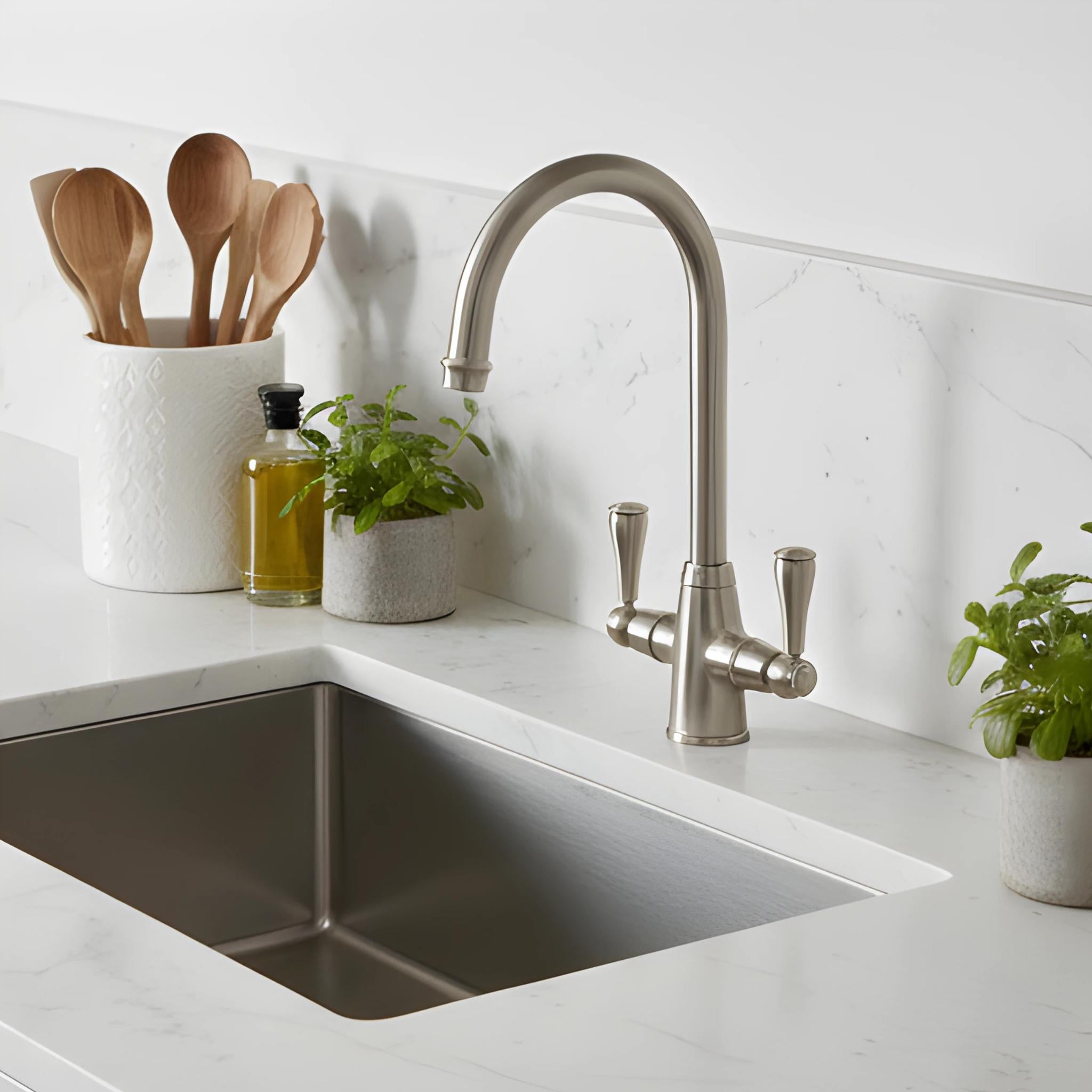 TURNER HASTINGS LUDLOW DOUBLE SINK MIXER TAP 355MM BRUSHED NICKEL (METAL HANDLE)