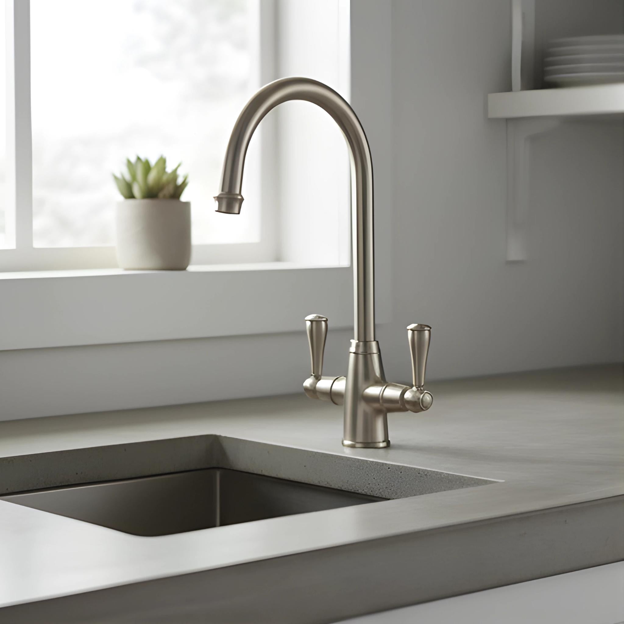 TURNER HASTINGS LUDLOW DOUBLE SINK MIXER TAP 355MM BRUSHED NICKEL (METAL HANDLE)