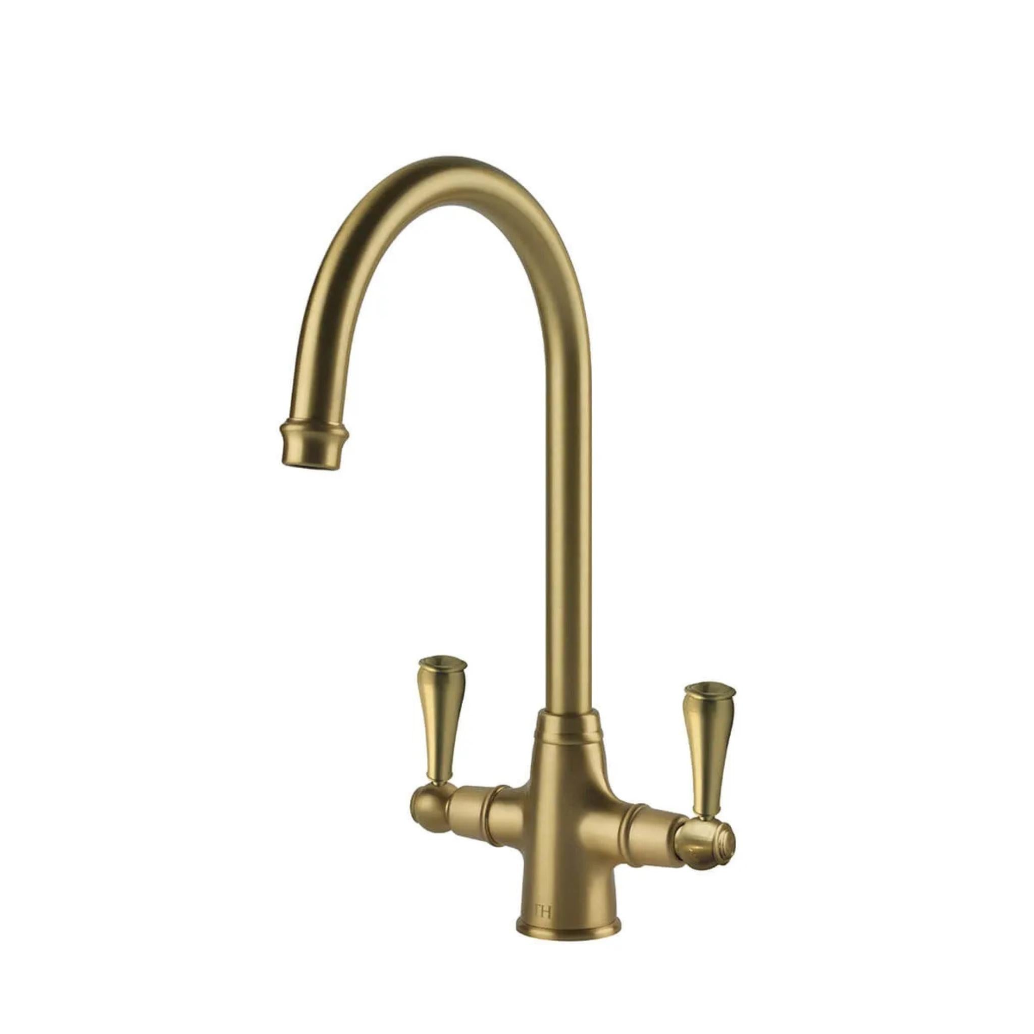 TURNER HASTINGS LUDLOW DOUBLE SINK MIXER TAP 355MM BRUSHED BRASS (METAL HANDLE)