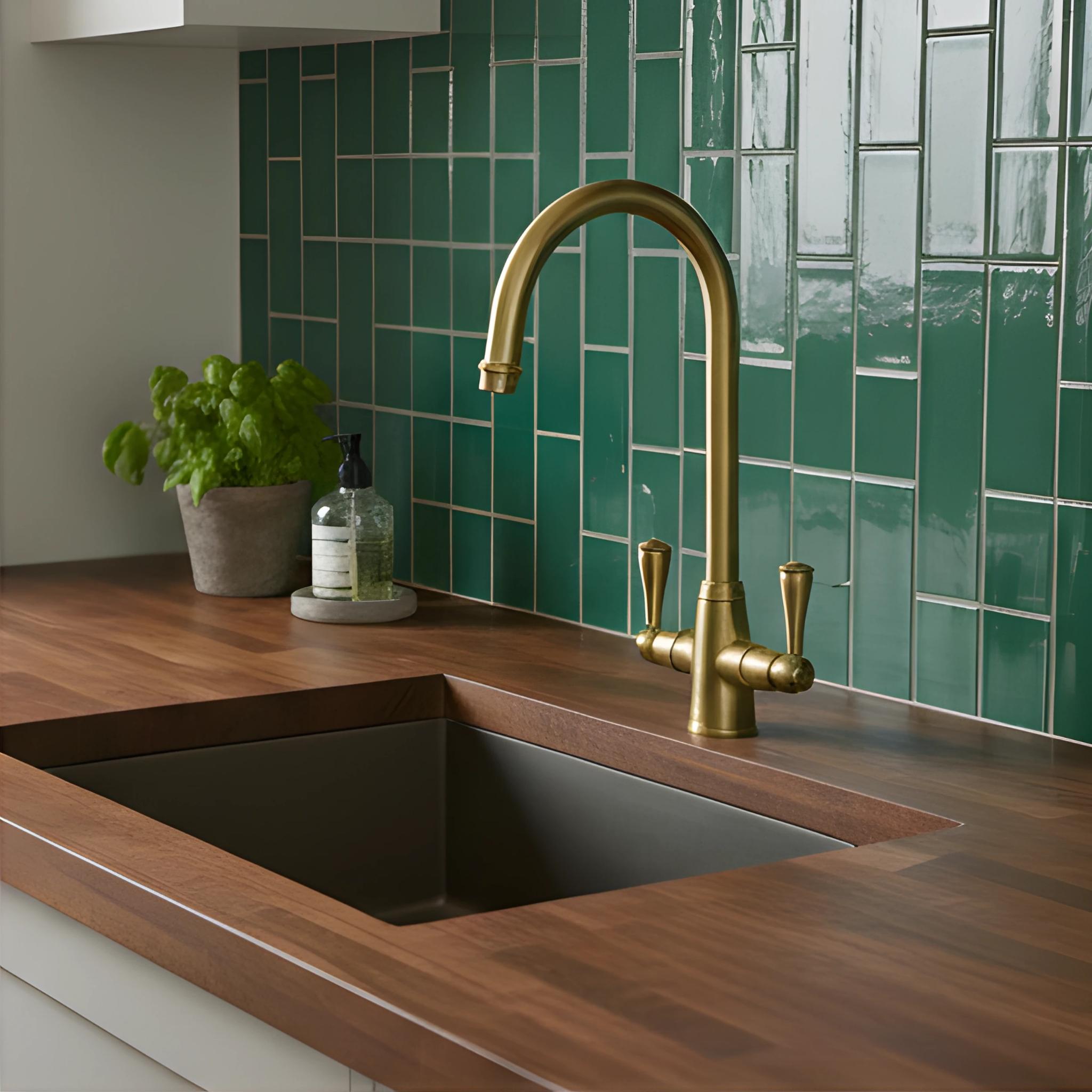 TURNER HASTINGS LUDLOW DOUBLE SINK MIXER TAP 355MM BRUSHED BRASS (METAL HANDLE)