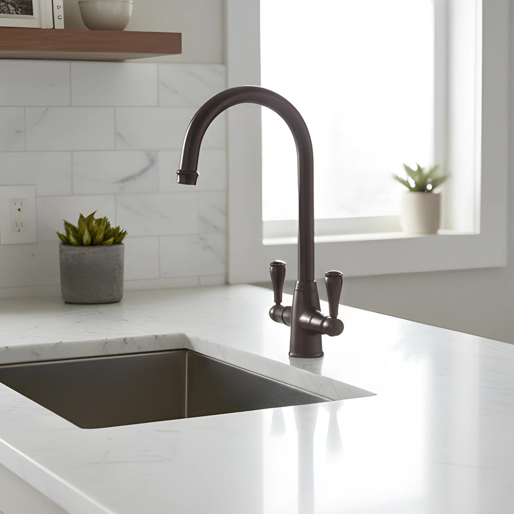 TURNER HASTINGS LUDLOW DOUBLE SINK MIXER TAP 355MM ENGLISH BRONZE (METAL HANDLE)