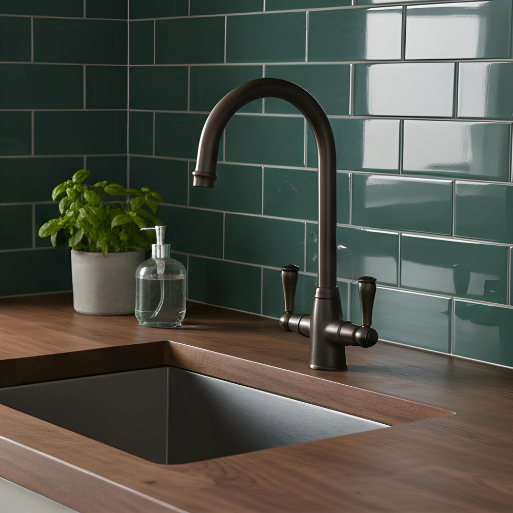 TURNER HASTINGS LUDLOW DOUBLE SINK MIXER TAP 355MM ENGLISH BRONZE (METAL HANDLE)