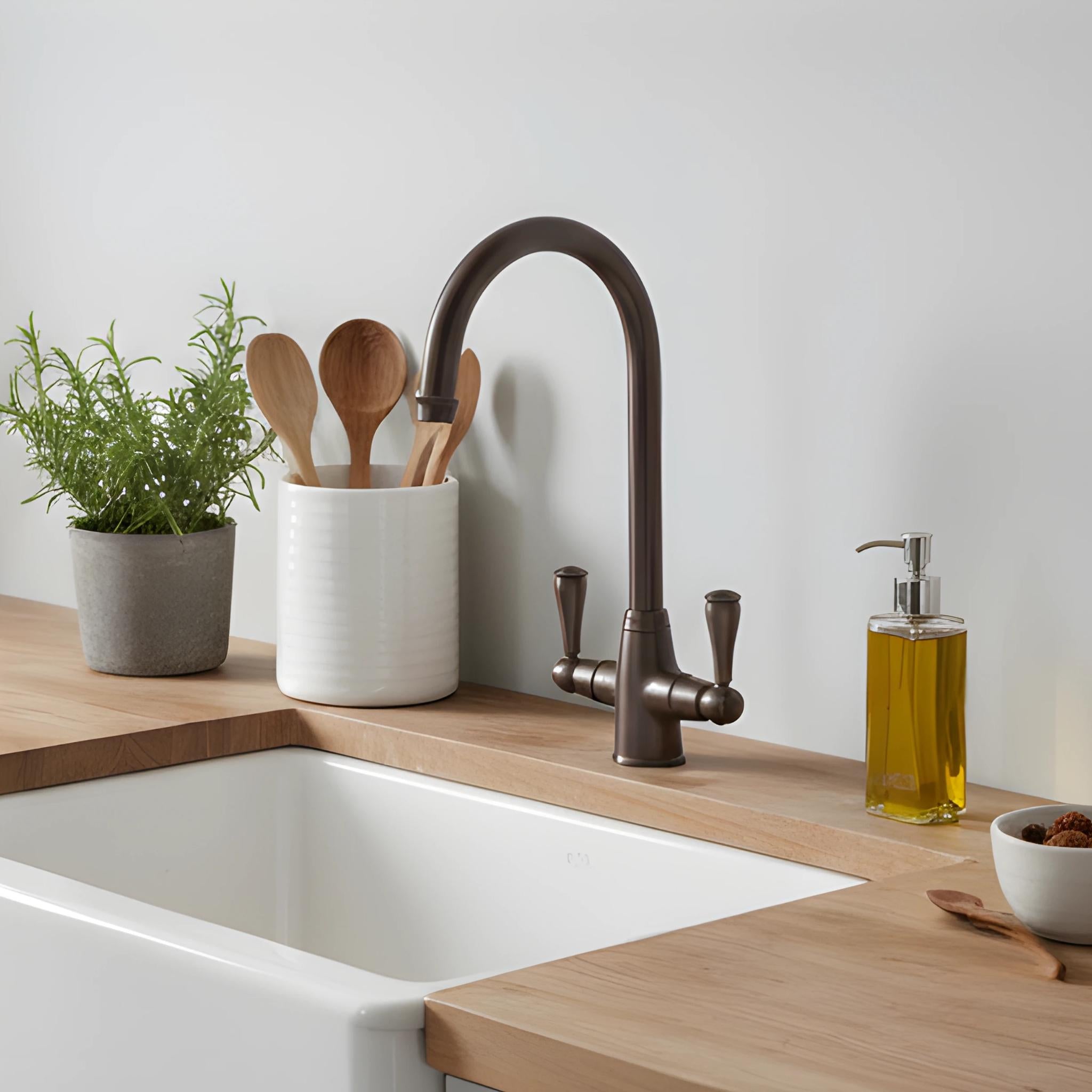 TURNER HASTINGS LUDLOW DOUBLE SINK MIXER TAP 355MM ENGLISH BRONZE (METAL HANDLE)