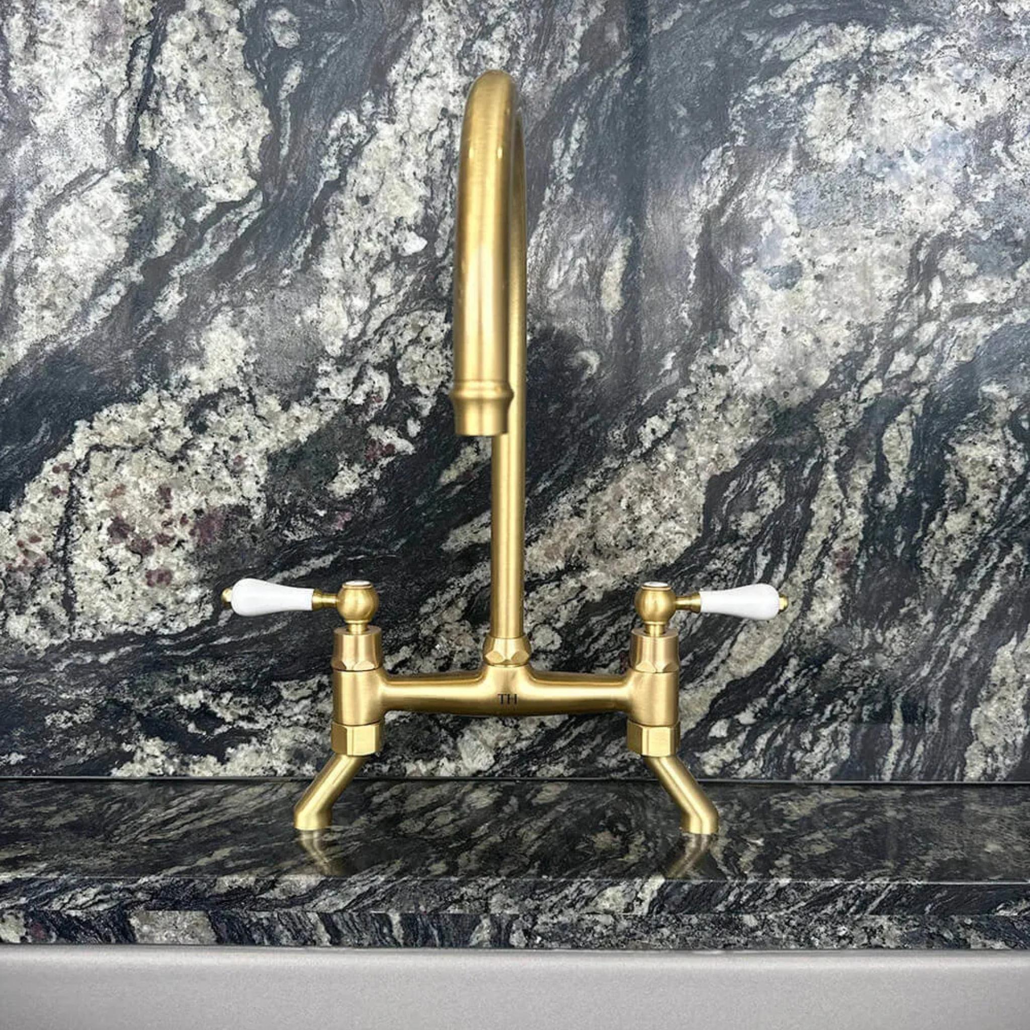 TURNER HASTINGS LUDLOW BRIDGE TAP MIXER WITH METAL LEVER HANDLE 400MM BRUSHED BRASS