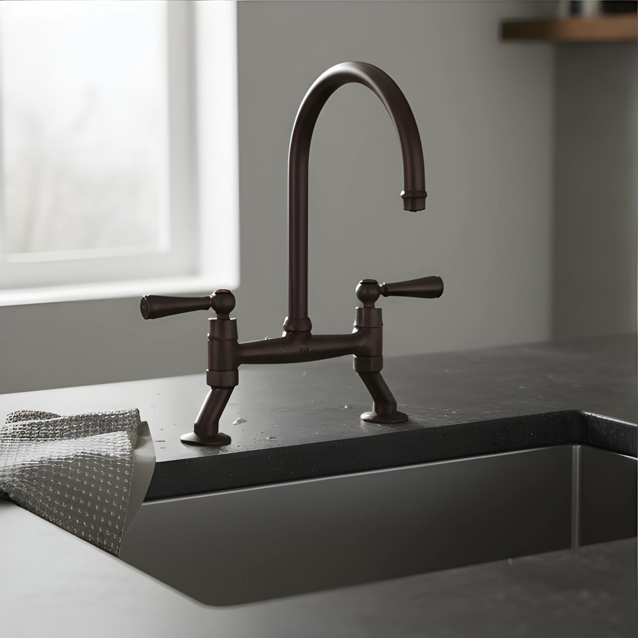 TURNER HASTINGS LUDLOW BRIDGE TAP MIXER WITH METAL LEVER HANDLE 400MM ENGLISH BRONZE