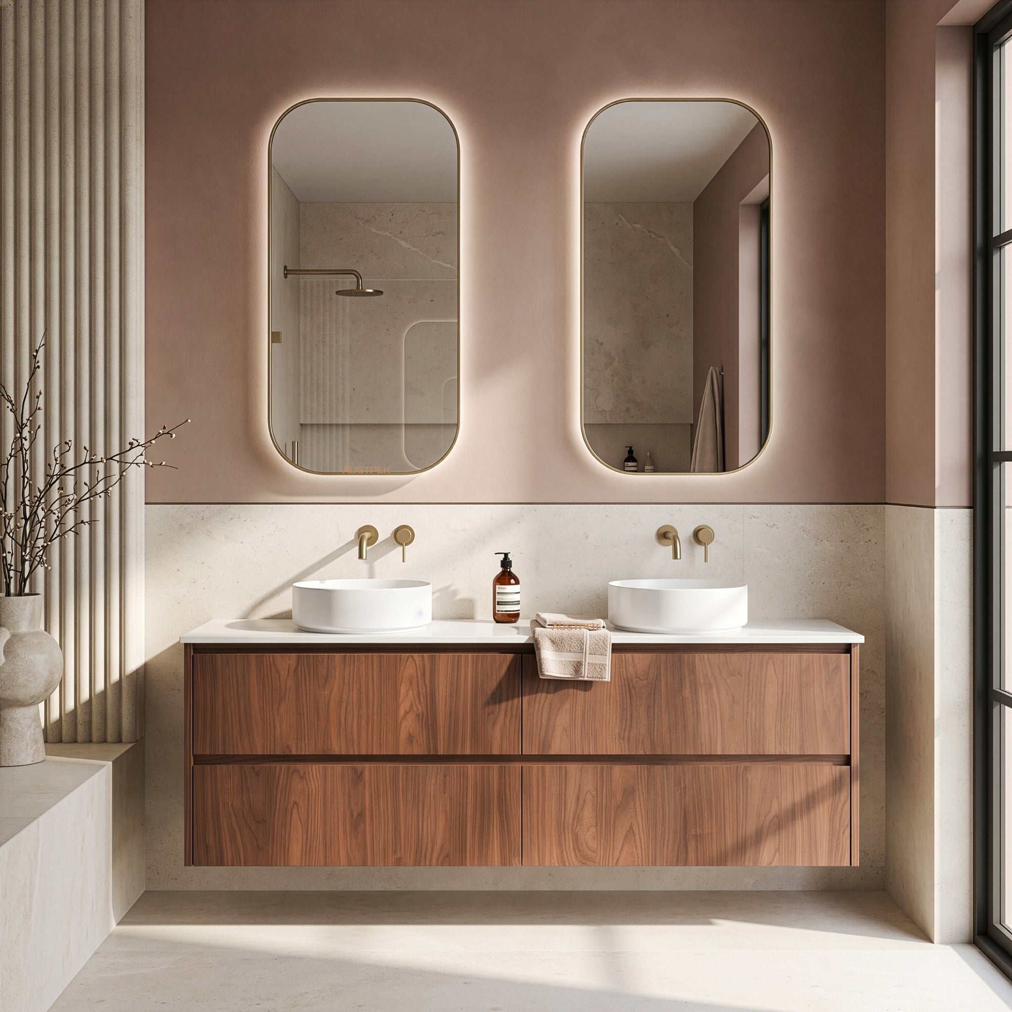 LUKKA GLADSTONE MODERN MOCHA OAK 1500MM DOUBLE BOWL WALL HUNG VANITY