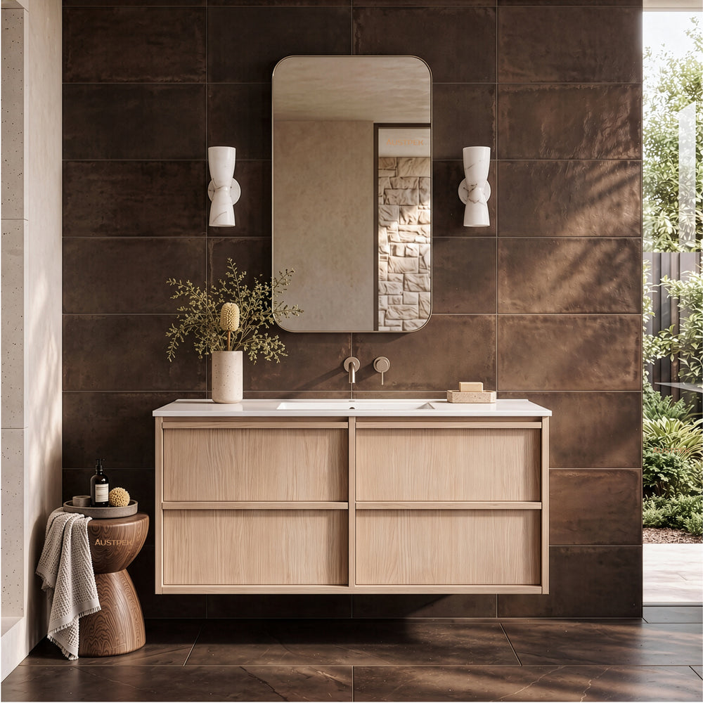 LUKKA RIDGEWOOD MODERN SANDY OAK 1200MM SINGLE BOWL WALL HUNG VANITY