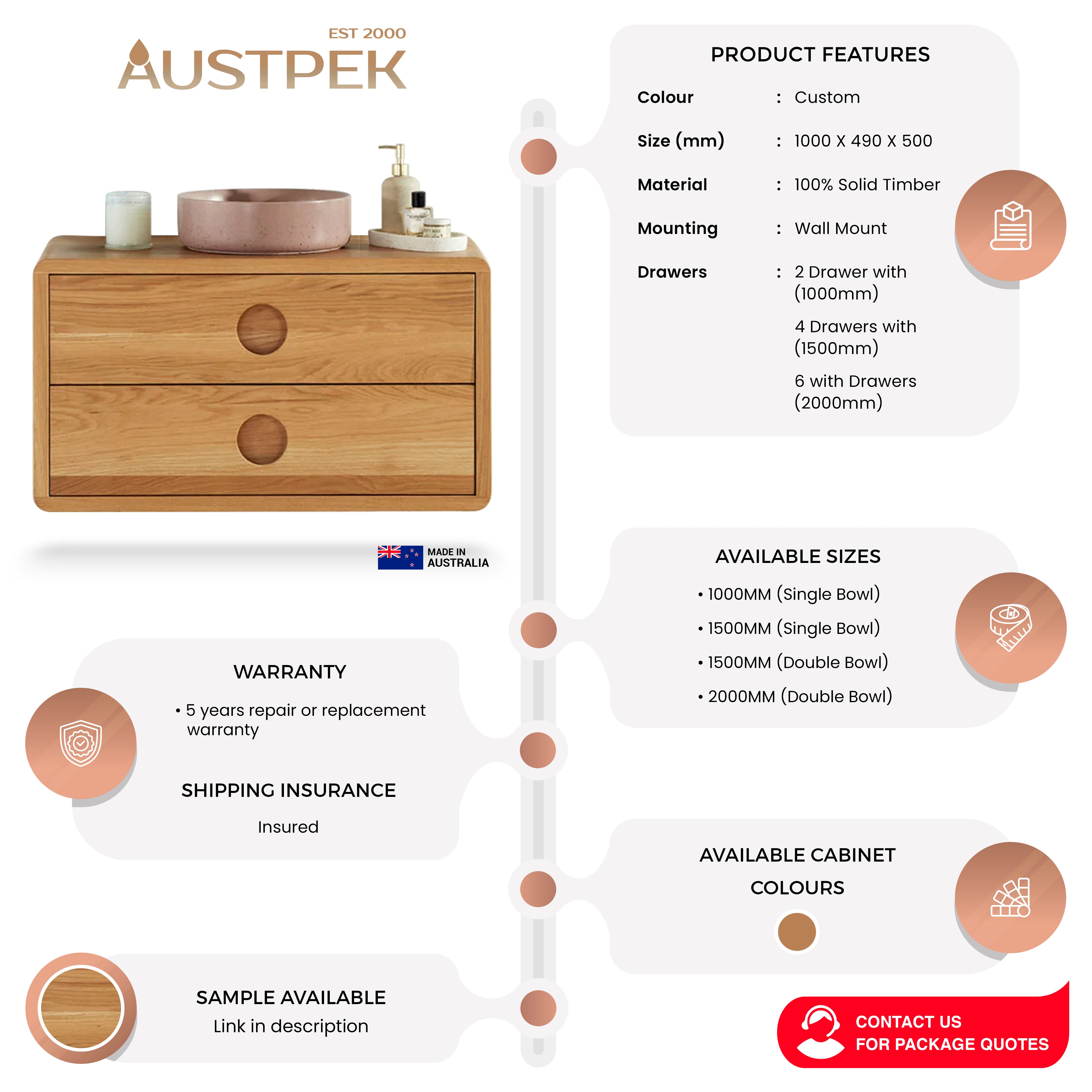 JR BESPOKE LUNA SOLID TIMBER CUSTOM WALL HUNG VANITY (ALL SIZING)