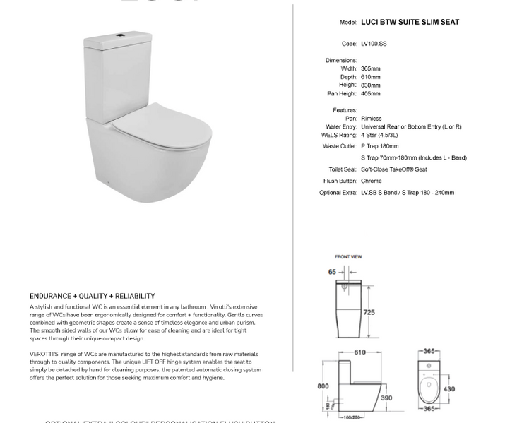 VEROTTI LUCI SLIM BACK TO WALL TOILET SUITE GLOSS WHITE