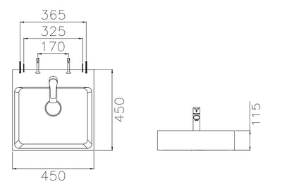 VEROTTI LAVENDER ABOVE COUNTER/WALL MOUNTED FIRECLAY BASIN GLOSS WHITE 450MM