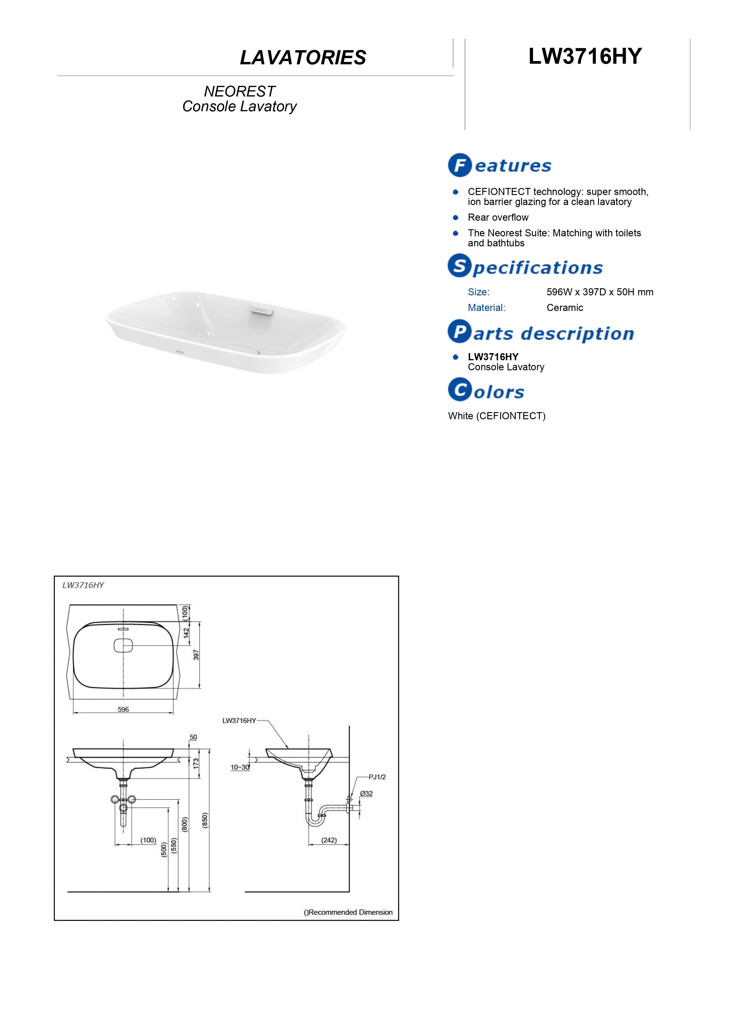 TOTO SELF-RIMMING LAVATORY WHITE