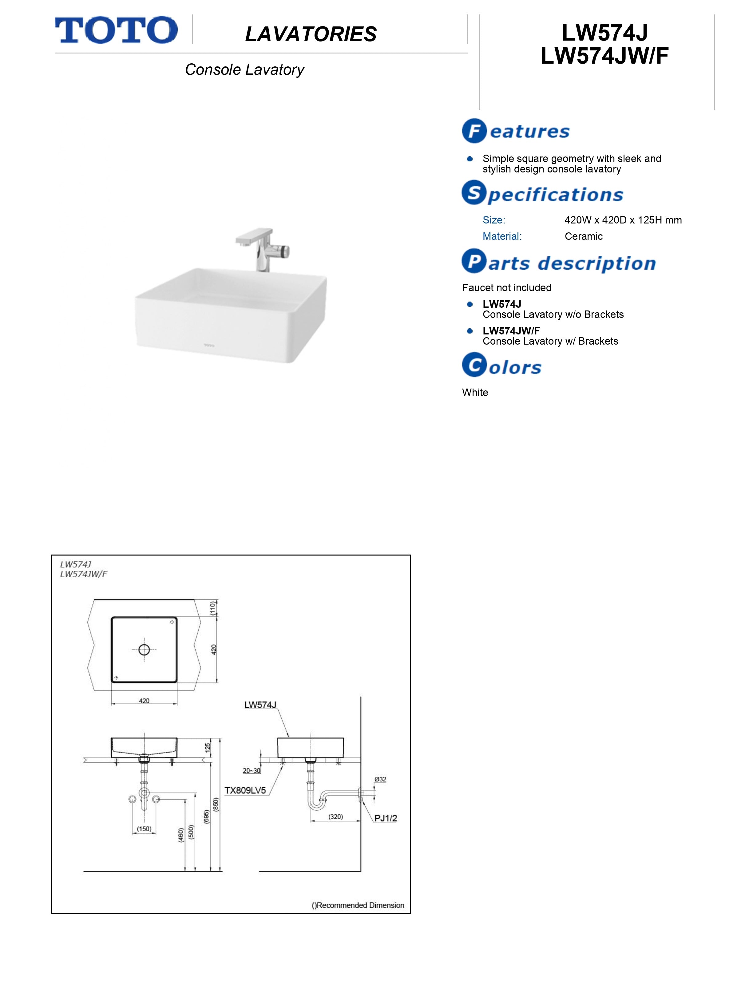 TOTO CONSOLE LAVATORY WITH BRACKET WHITE