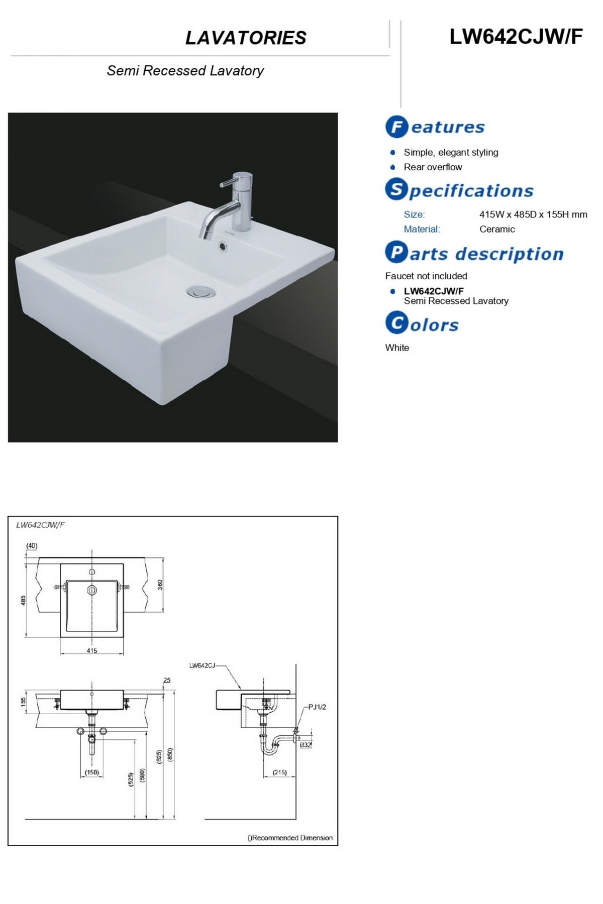 TOTO SEMI RECESSED CONSOLE LAVATORY