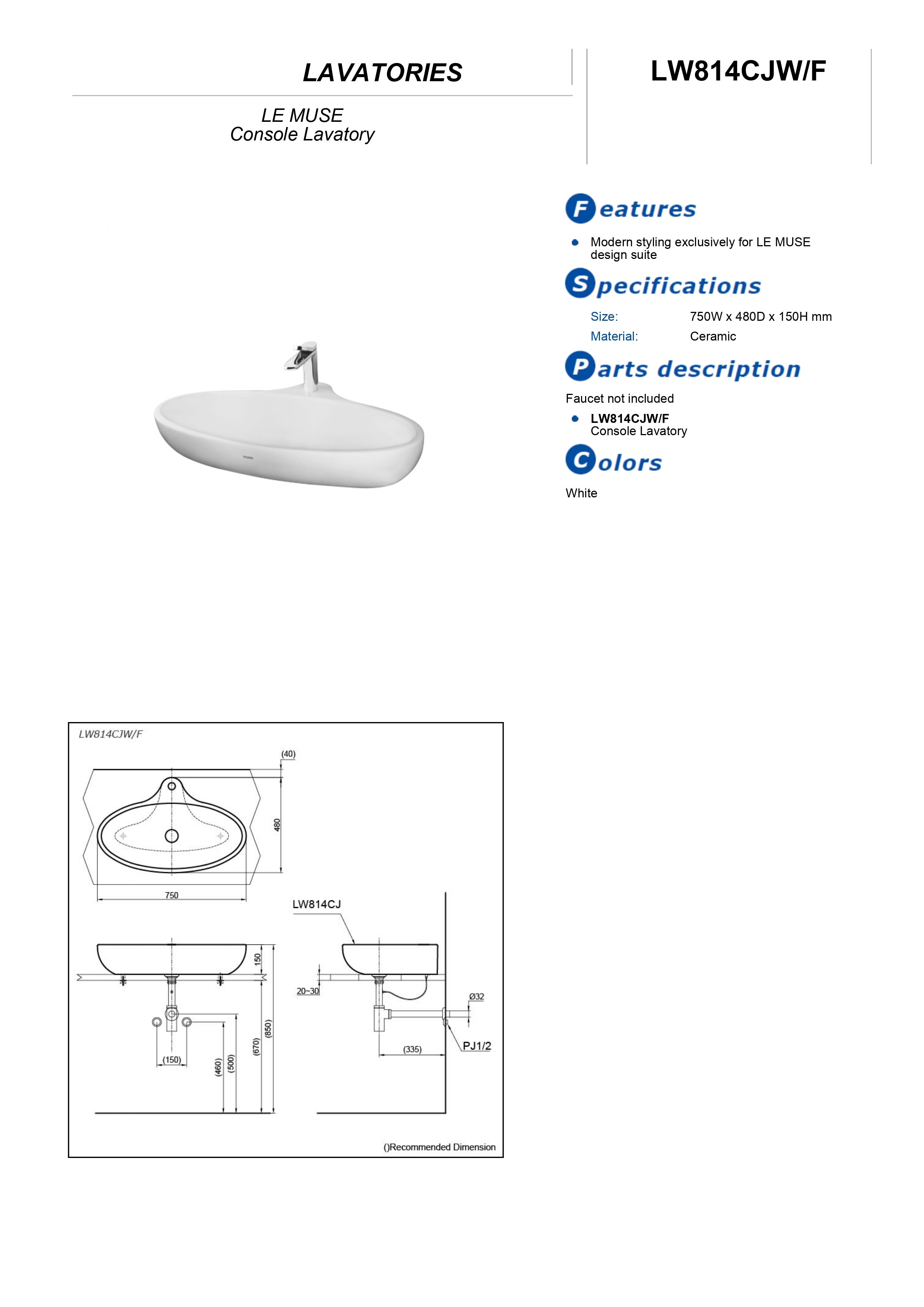 TOTO LE MUSE LAVATORY WITH BRACKET WHITE 750MM