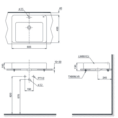 TOTO CONSOLE LAVATORY WITH BRACKET WHITE 605MM