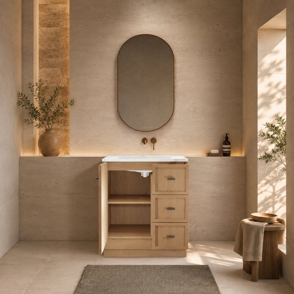 RIVA TOFINO COASTAL OAK 750MM SINGLE BOWL FLOOR STANDING VANITY WITH KICKBOARD (AVAILABLE IN LEFT HAND DRAWER AND RIGHT HAND DRAWER)