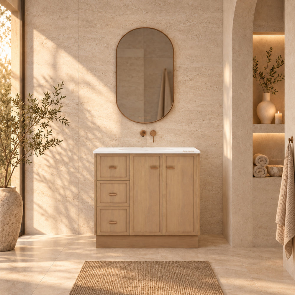 RIVA TOFINO COASTAL OAK 900MM SINGLE BOWL FLOOR STANDING VANITY WITH KICKBOARD (AVAILABLE IN LEFT HAND DRAWER AND RIGHT HAND DRAWER)