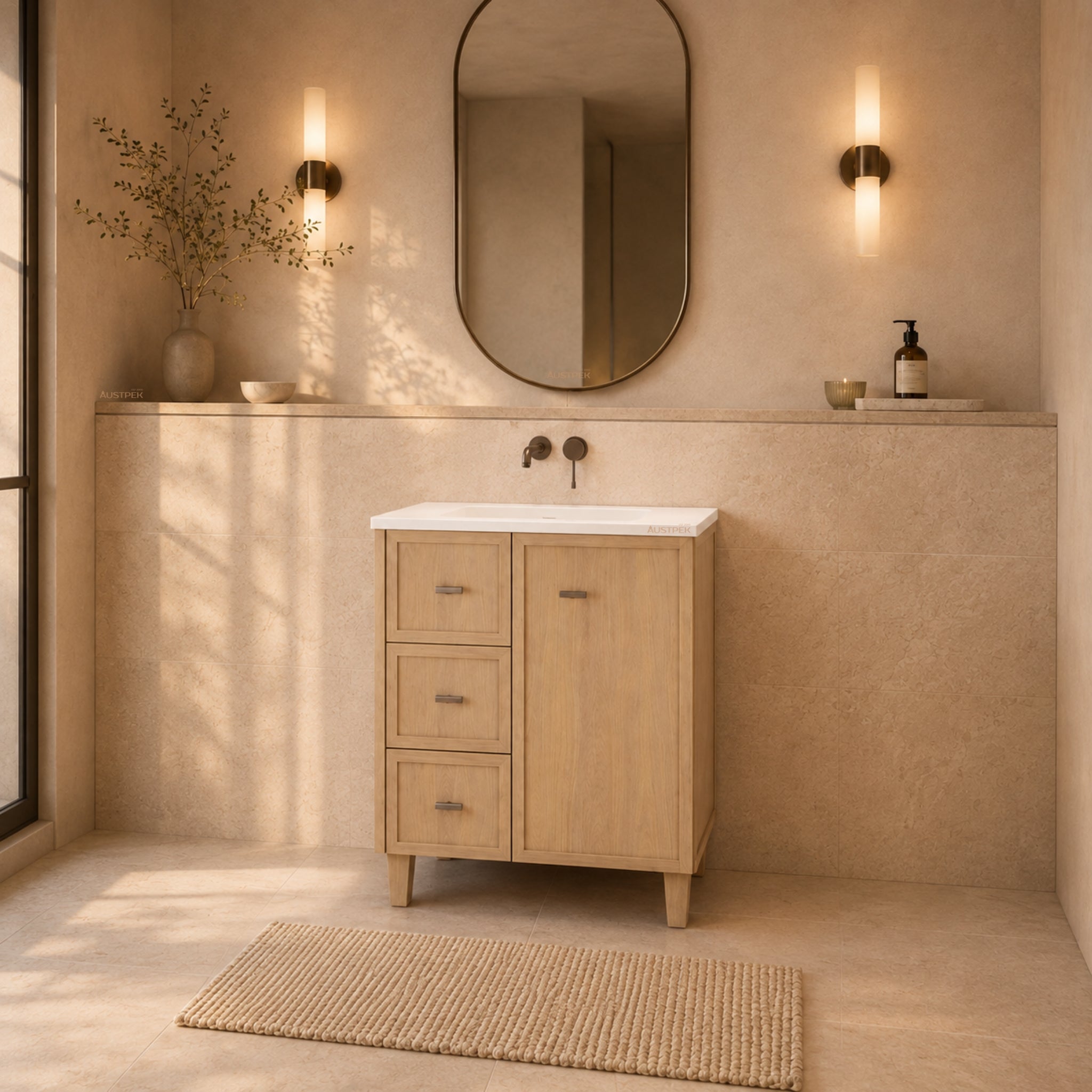 RIVA TOFINO COASTAL OAK 750MM SINGLE BOWL FLOOR STANDING VANITY (AVAILABLE IN LEFT HAND DRAWER AND RIGHT HAND DRAWER)