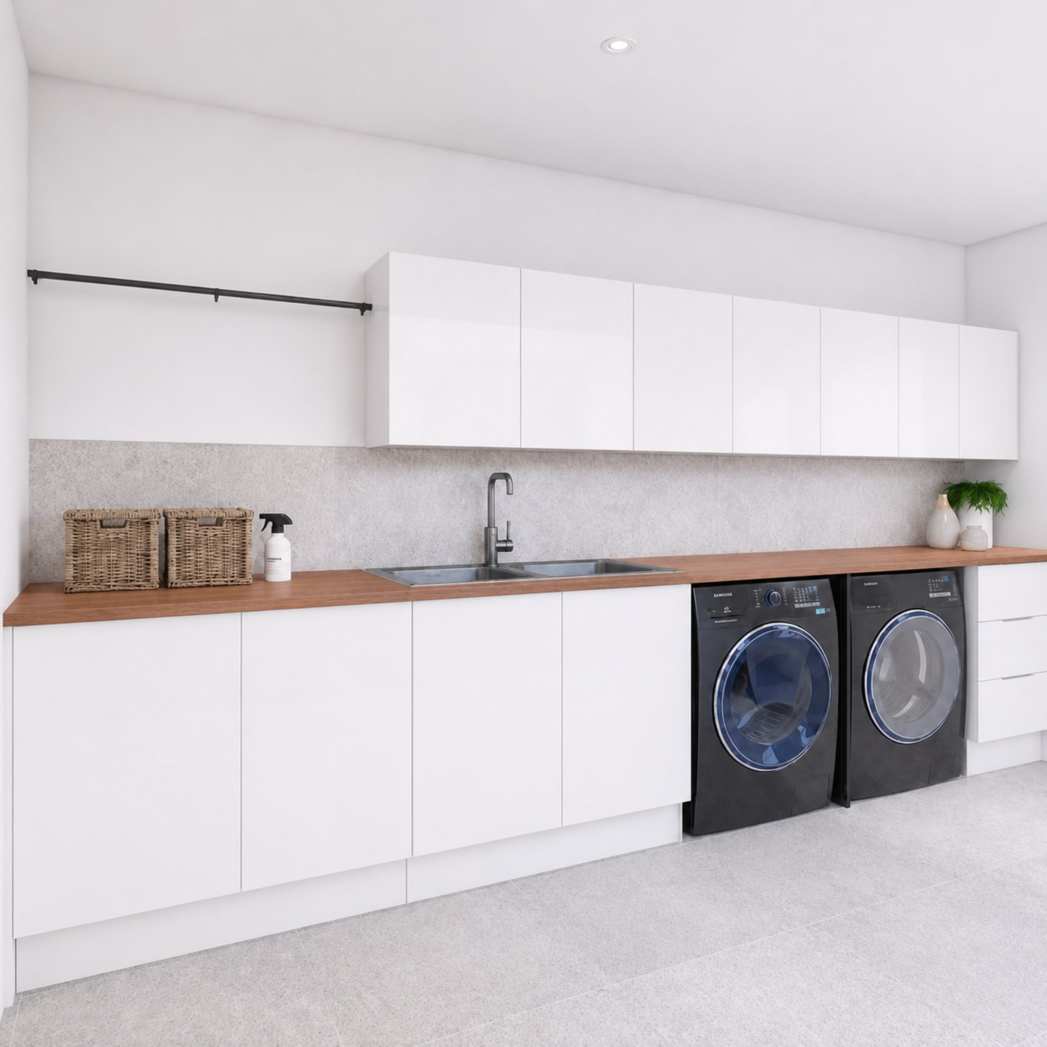 TIMBERLINE LAMINEX LIGHT JARRAH TRUESCALE™ ABSOLUTEGRAIN® DOUBLE BOWL LAUNDRY LAMINATE BENCHTOP