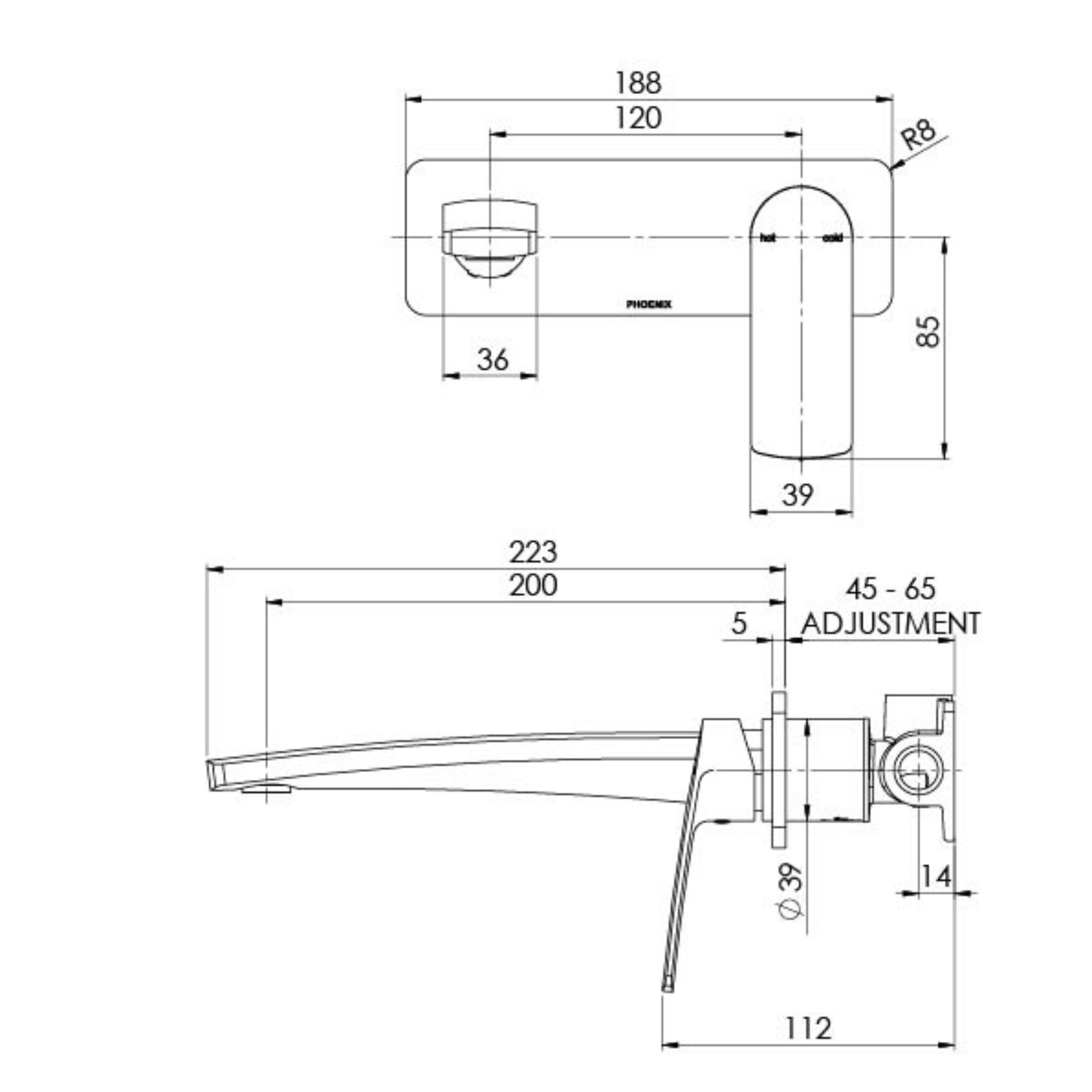 PHOENIX MEKKO SWITCHMIX WALL BASIN / BATH MIXER SET COMPLETE KIT 200MM CHROME