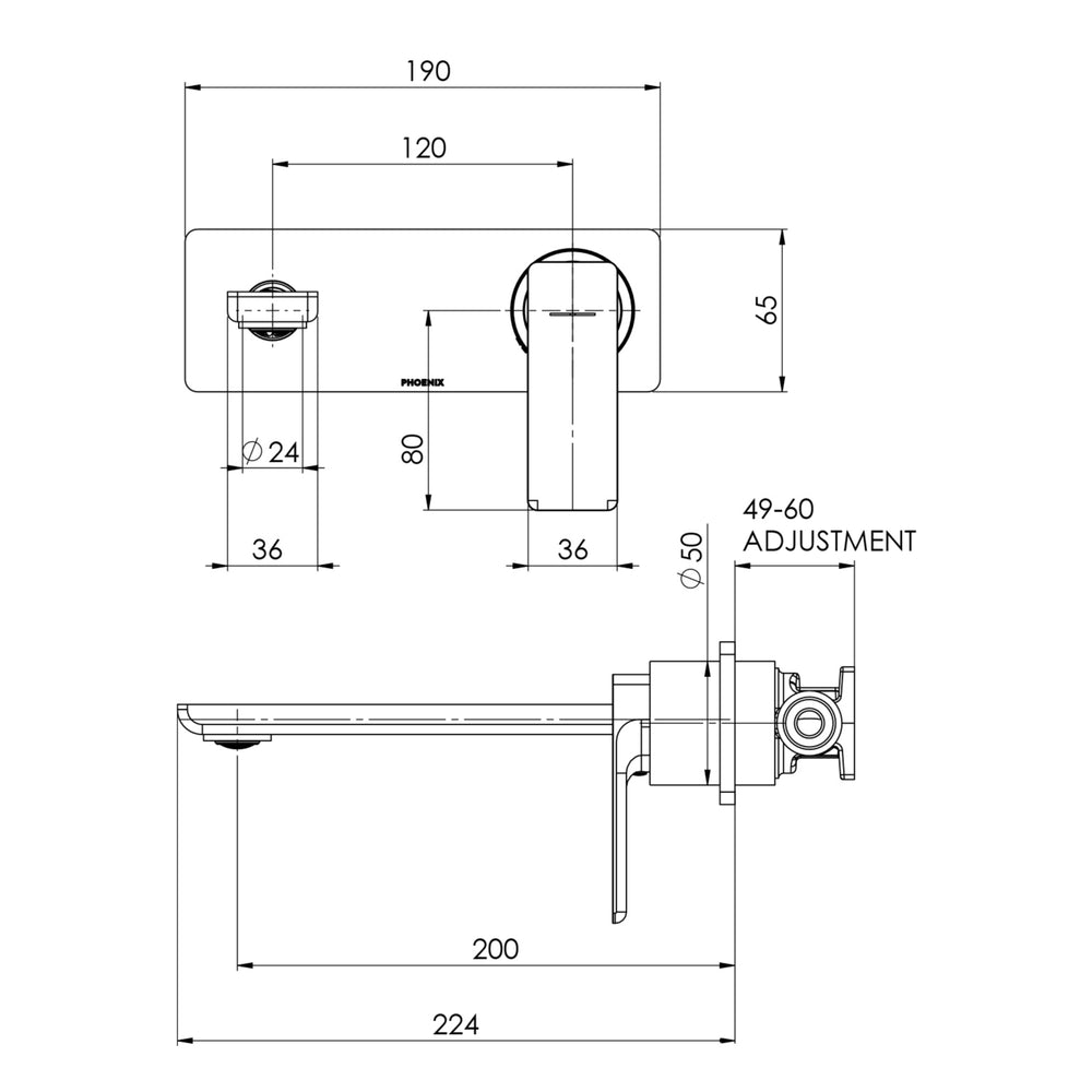 PHOENIX GLOSS MKII SWITCHMIX WALL BASIN / BATH MIXER SET 200MM MATTE BLACK
