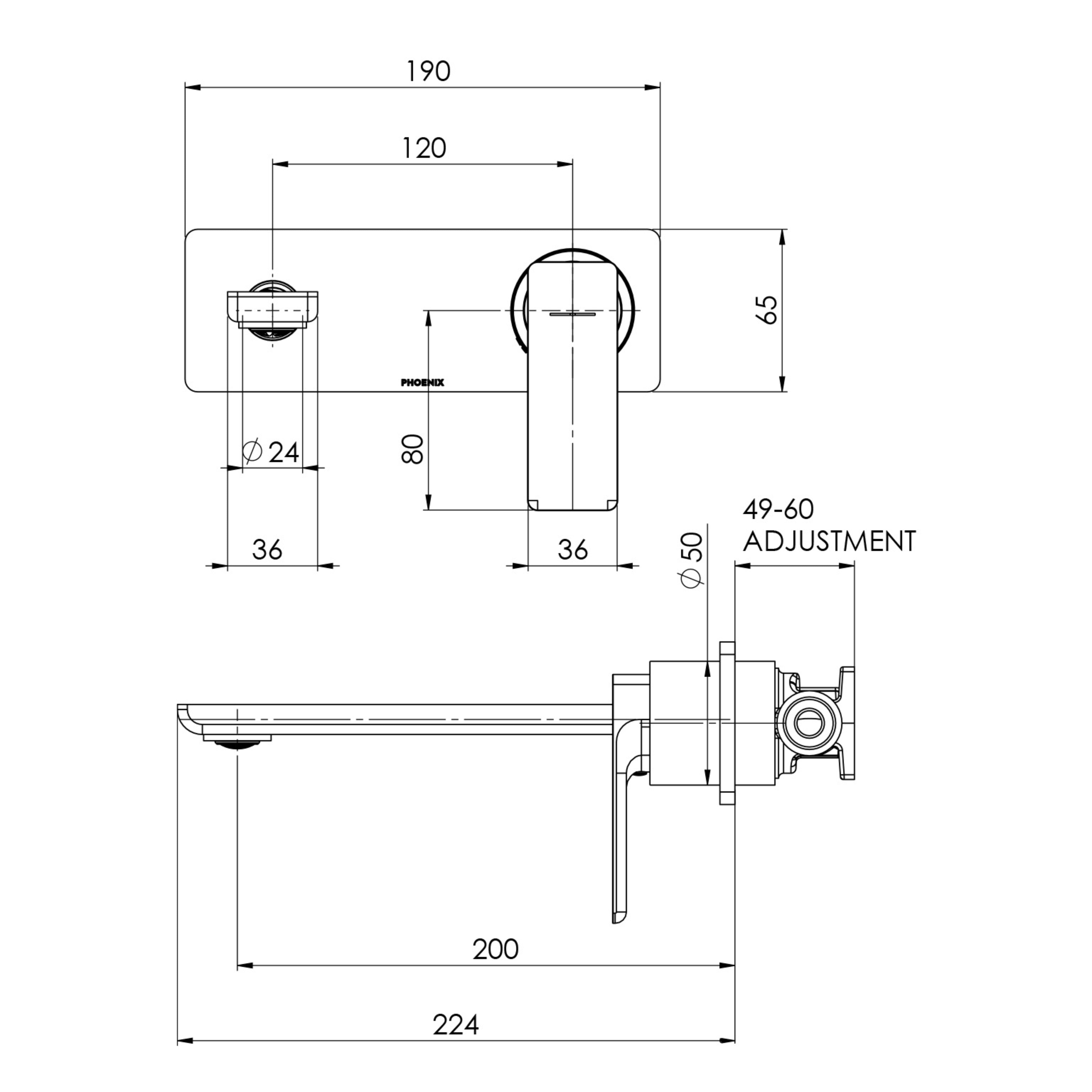 PHOENIX GLOSS MKII SWITCHMIX WALL BASIN / BATH MIXER SET 200MM BRUSHED GOLD