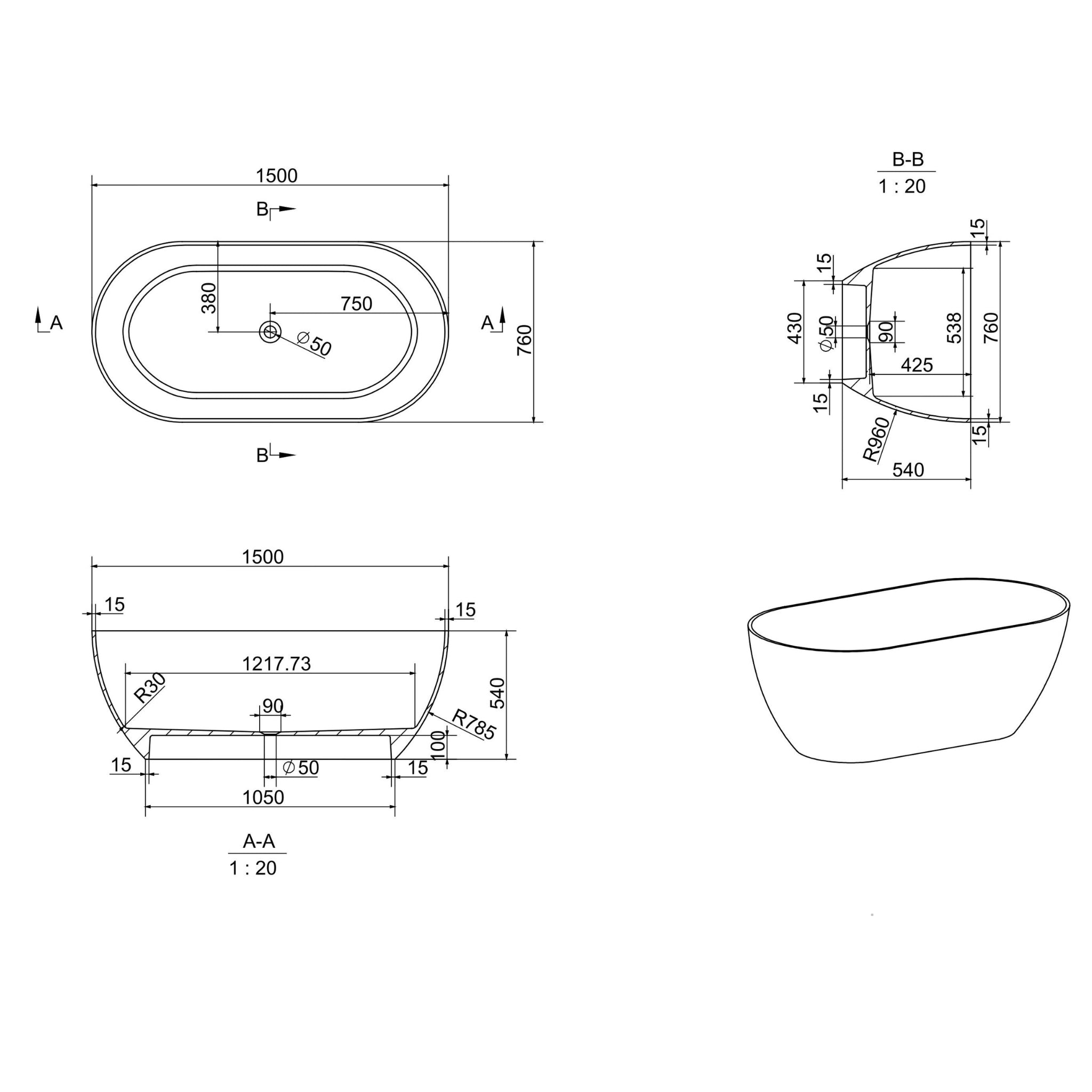 KASKADE LUCIA FREESTANDING STONE BATHTUB (AVAILABLE IN 1400MM, 1500MM, 1600MM, 1700MM AND 1800MM)