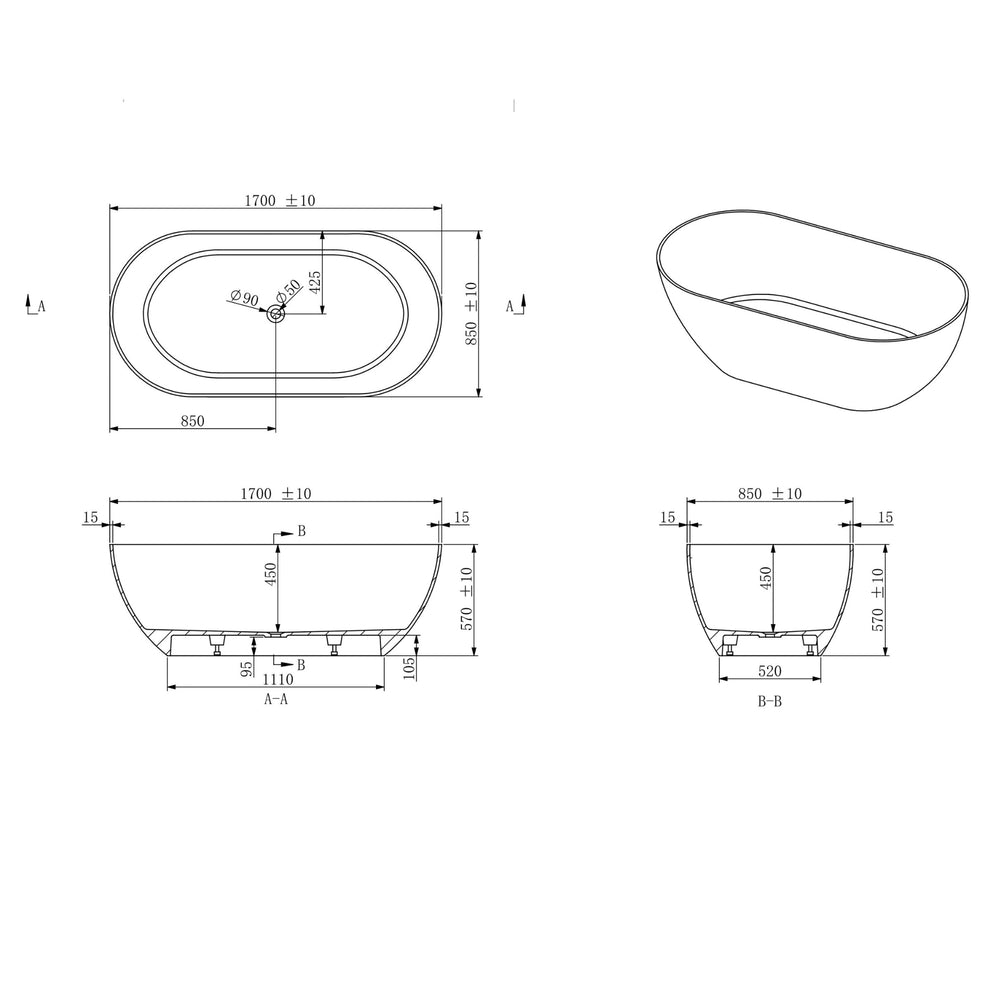 KASKADE LUCIA FREESTANDING STONE BATHTUB (AVAILABLE IN 1400MM, 1500MM, 1600MM, 1700MM AND 1800MM)