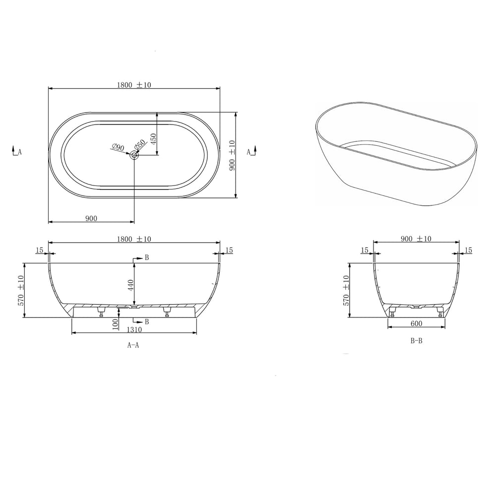 KASKADE LUCIA FREESTANDING STONE BATHTUB (AVAILABLE IN 1400MM, 1500MM, 1600MM, 1700MM AND 1800MM)