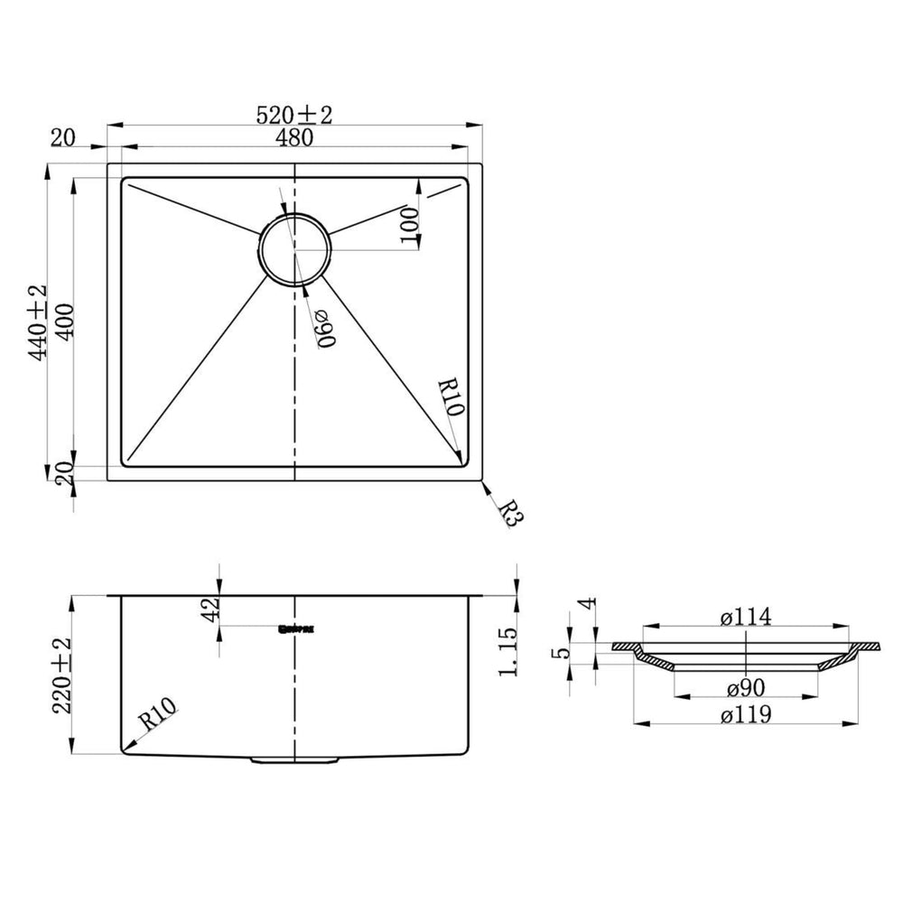 OTTI AXON 52S SINGLE BOWL KITCHEN AND LAUNDRY SINK SILVER 520MM
