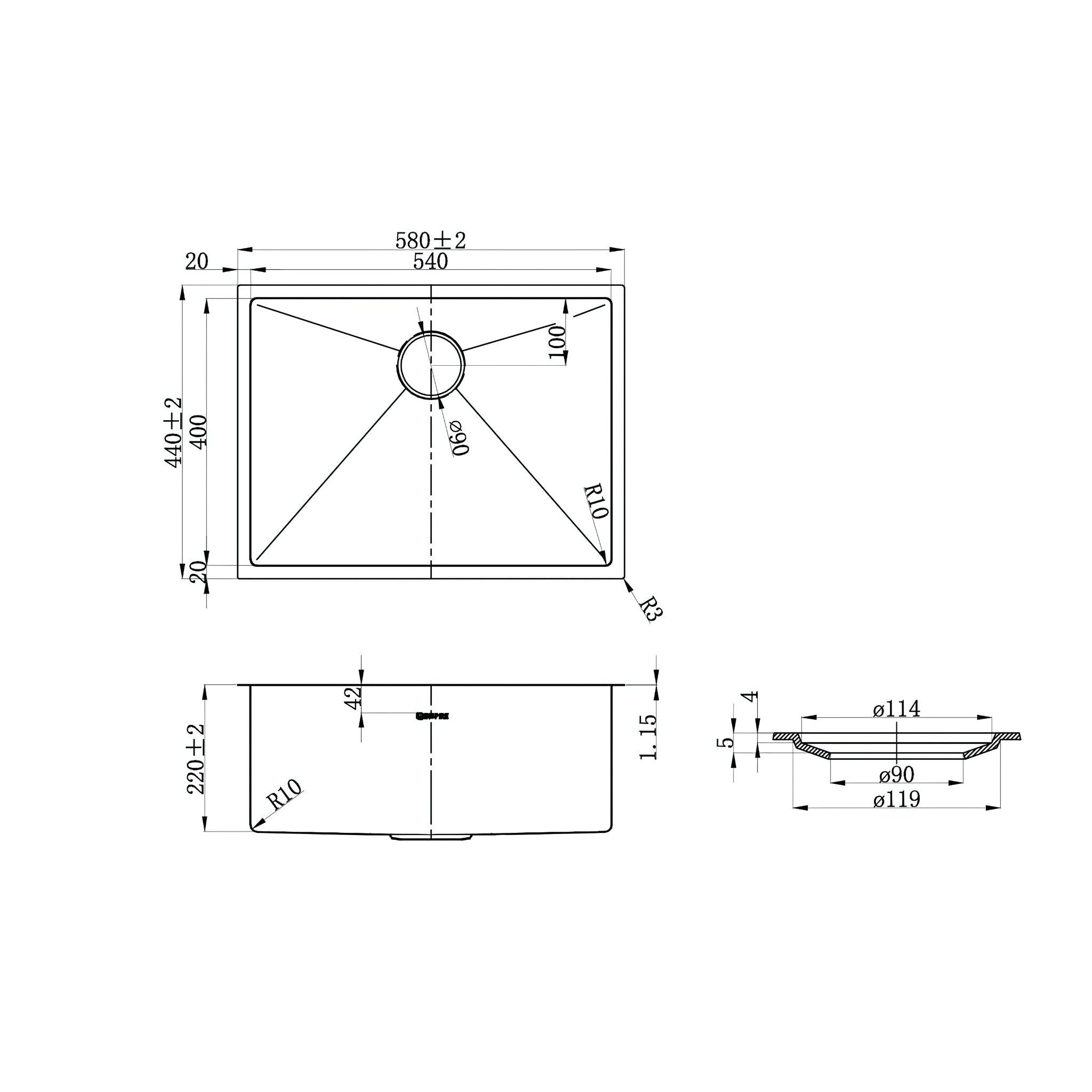 OTTI AXON 58S SINGLE BOWL KITCHEN SINK BRUSHED GOLD 580MM