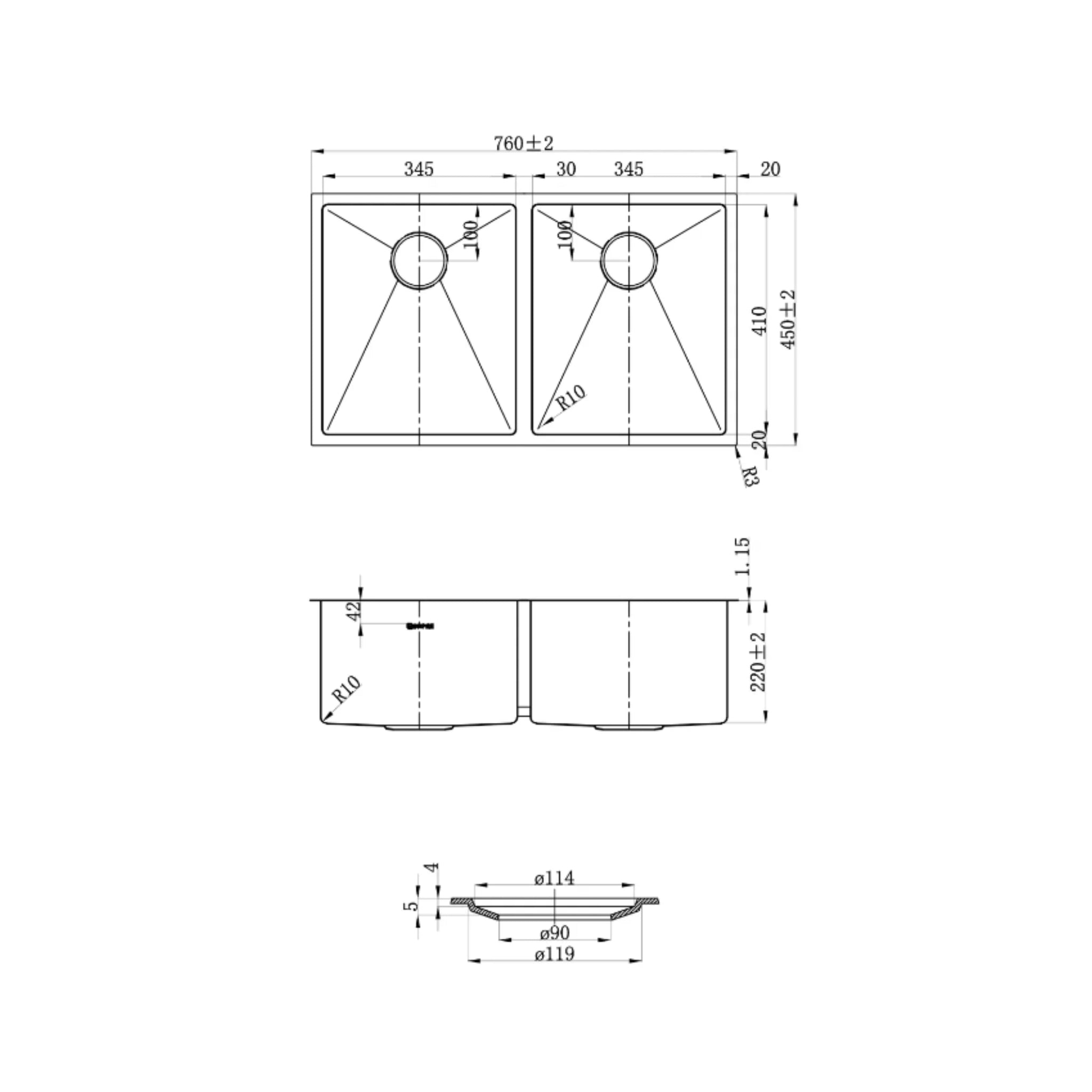 OTTI ARTE 76D DOUBLE BOWL KITCHEN AND LAUNDRY SINK ARGENT GOLD 760MM