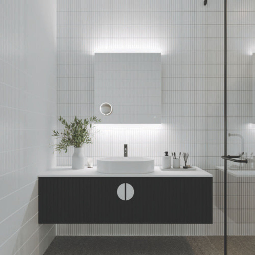 REMER MIRO RECTANGLE FRAMELESS LED MIRROR W/ DEMISTER, BLUETOOTH SPEAKERS & PORTABLE MAGNIFIER 750X900MM