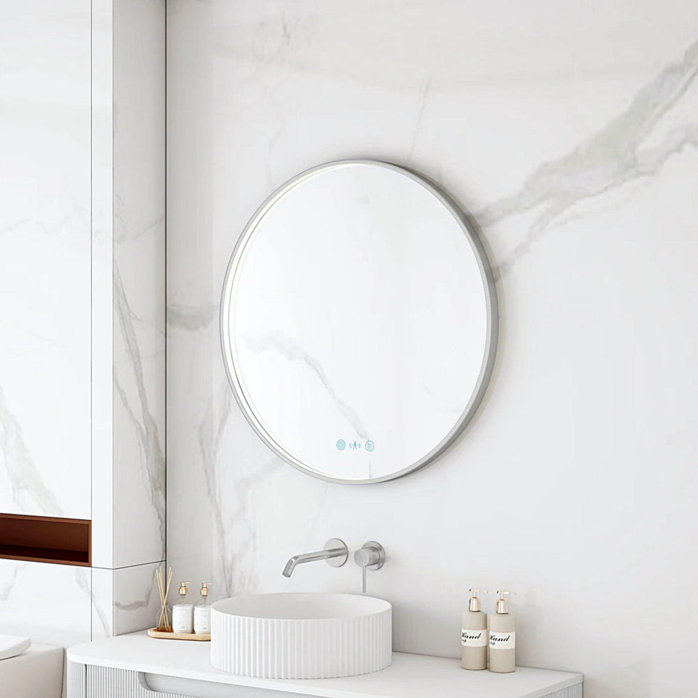 MERCIO MAIA FRAMED ROUND LED MIRROR BRUSHED NICKEL 600X600MM