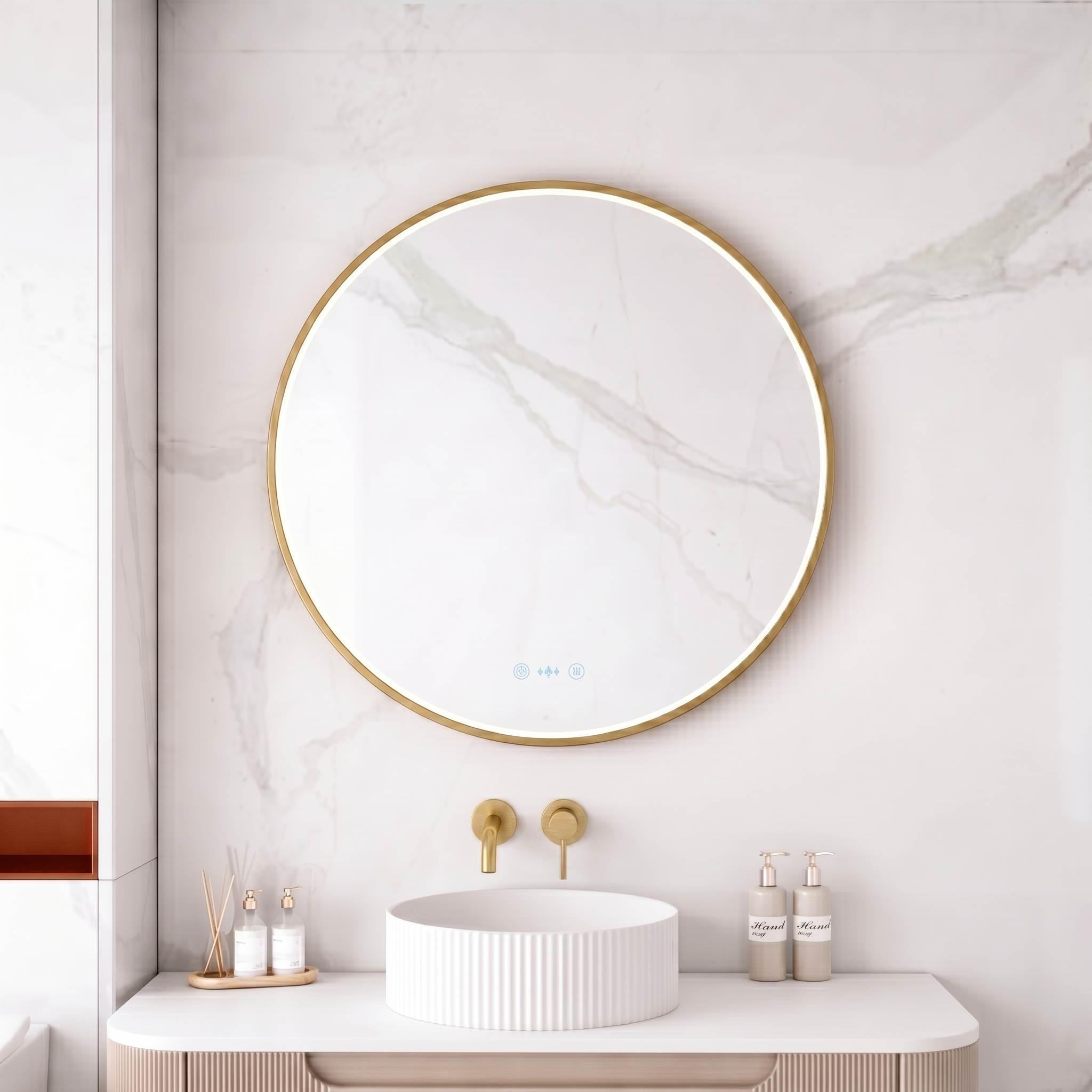 MERCIO MAIA FRAMED ROUND LED MIRROR BRUSHED GOLD 750X750MM