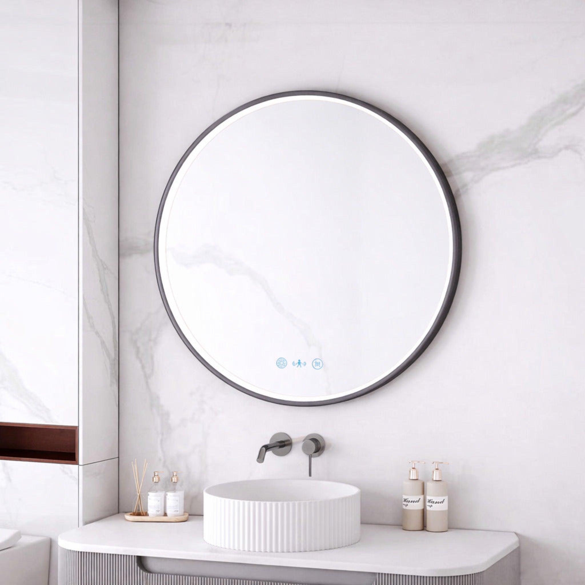 MERCIO MAIA FRAMED ROUND LED MIRROR GUN METAL 750X750MM